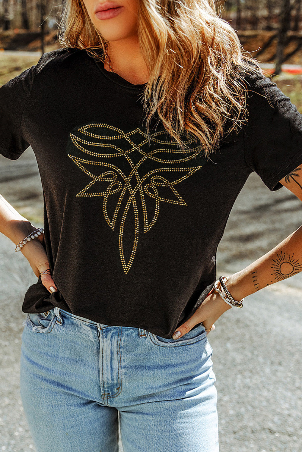 Shop Black Rhinestone Western Pattern Graphic T-Shirt S-3XL at LivelyLooks