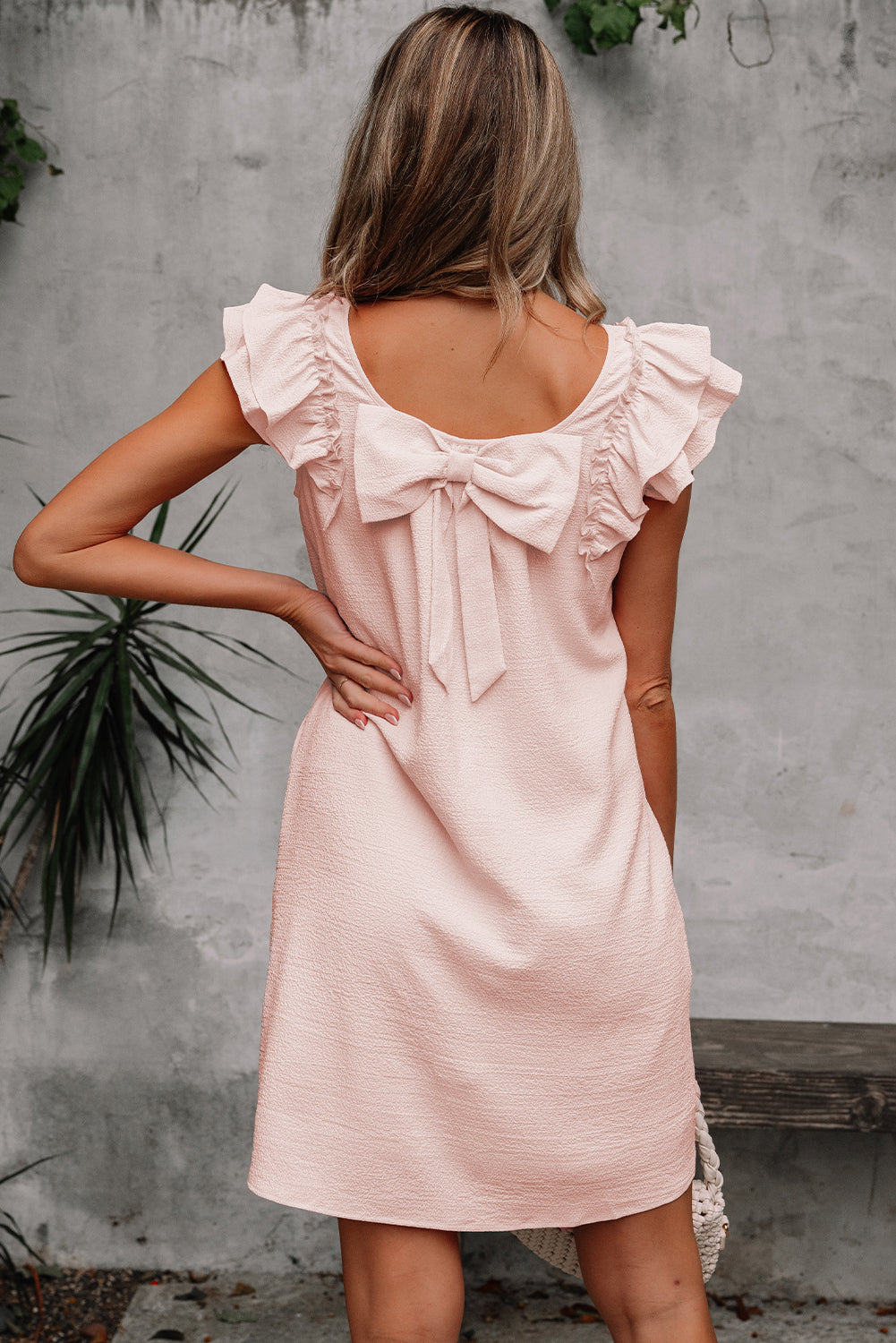 Light Pink Textured Flutter Sleeve Square Neck Bow Back Mini Dress S-XL