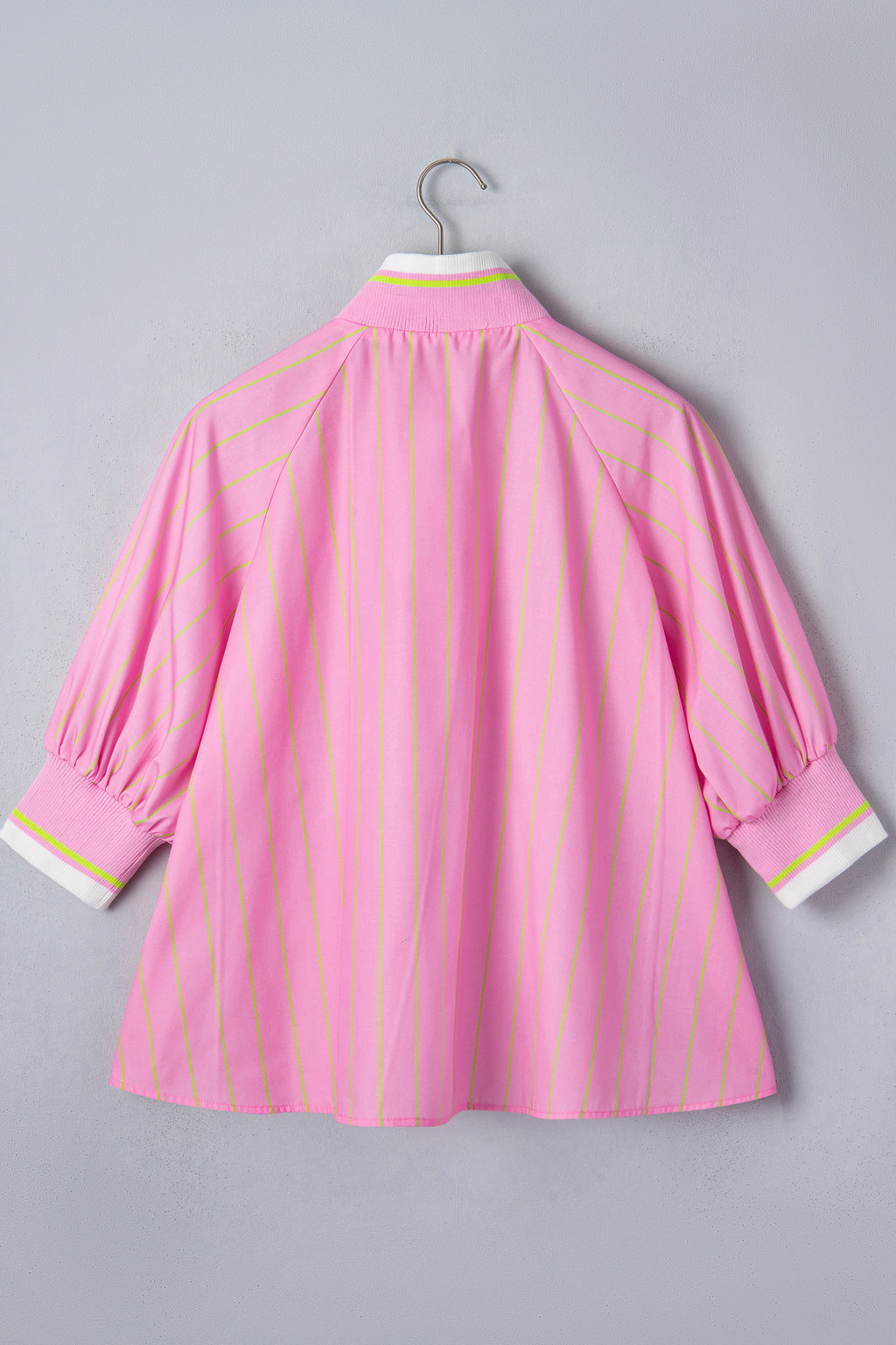 Pink Stripe V-Neck Half Sleeve Zip Ribbed Cuff Casual Blouse