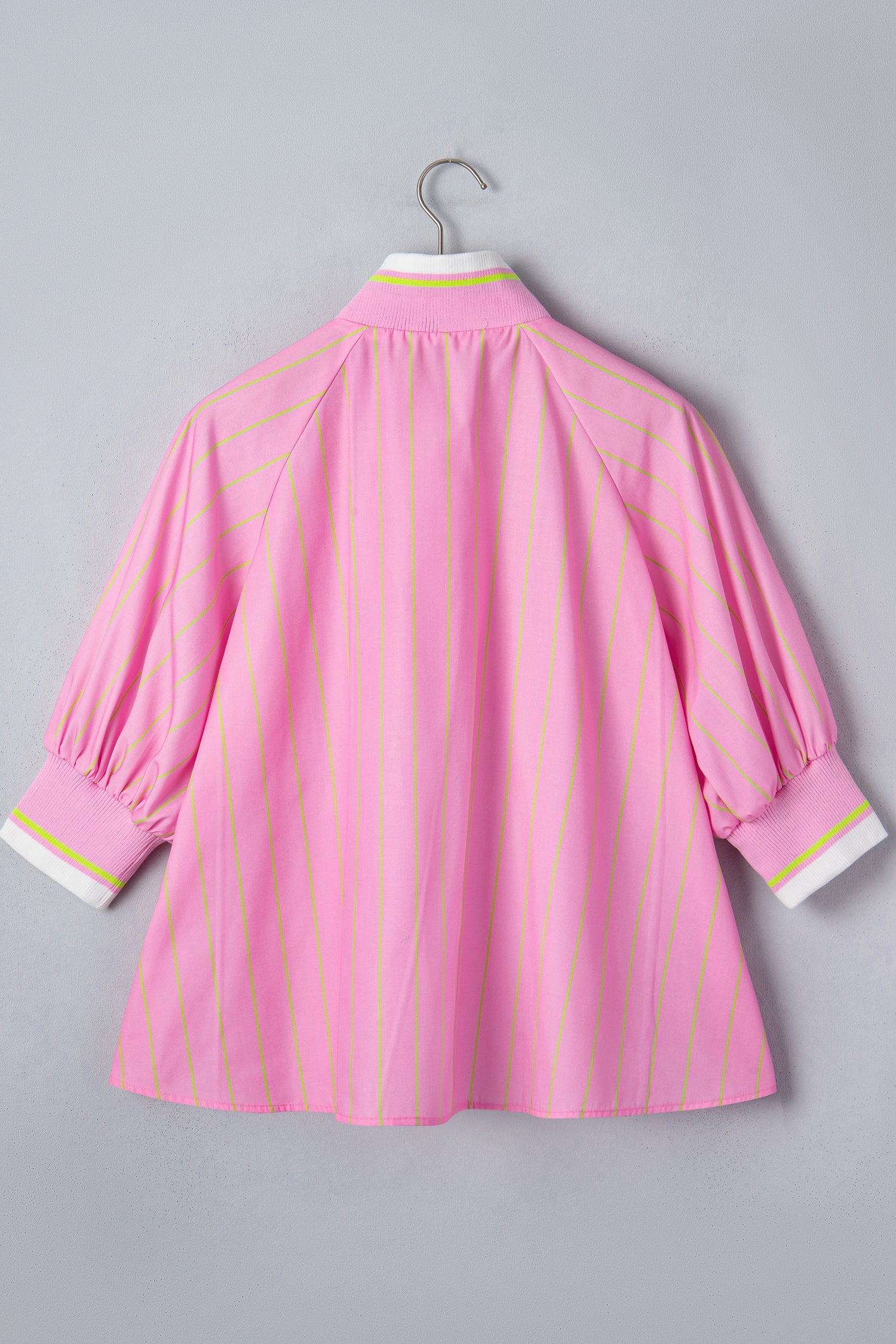 Pink Stripe V-Neck Half Sleeve Zip Ribbed Cuff Casual Blouse