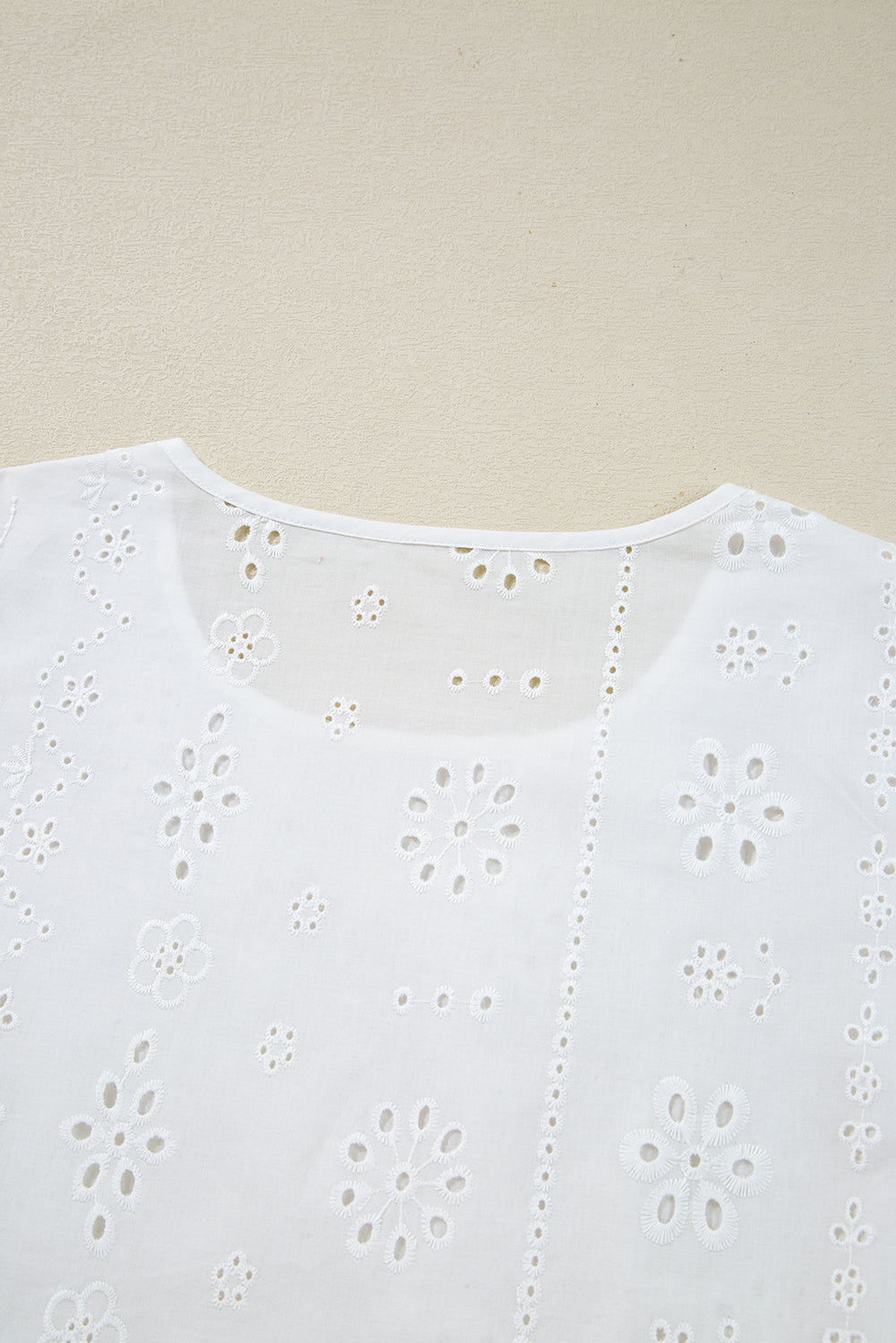 White Eyelet Embroidered Smocked Cuff Sheer Blouse