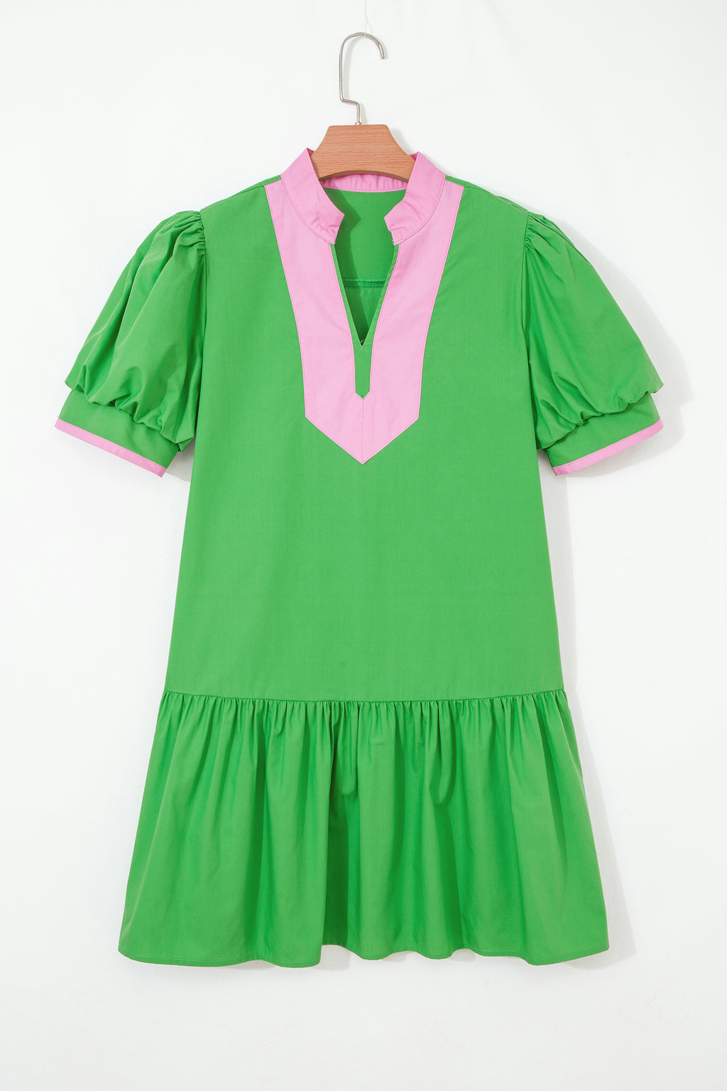 Bright Green Colour Block Mini Dress Split Neck Puff Sleeve Ruffle Hem Women S-XL