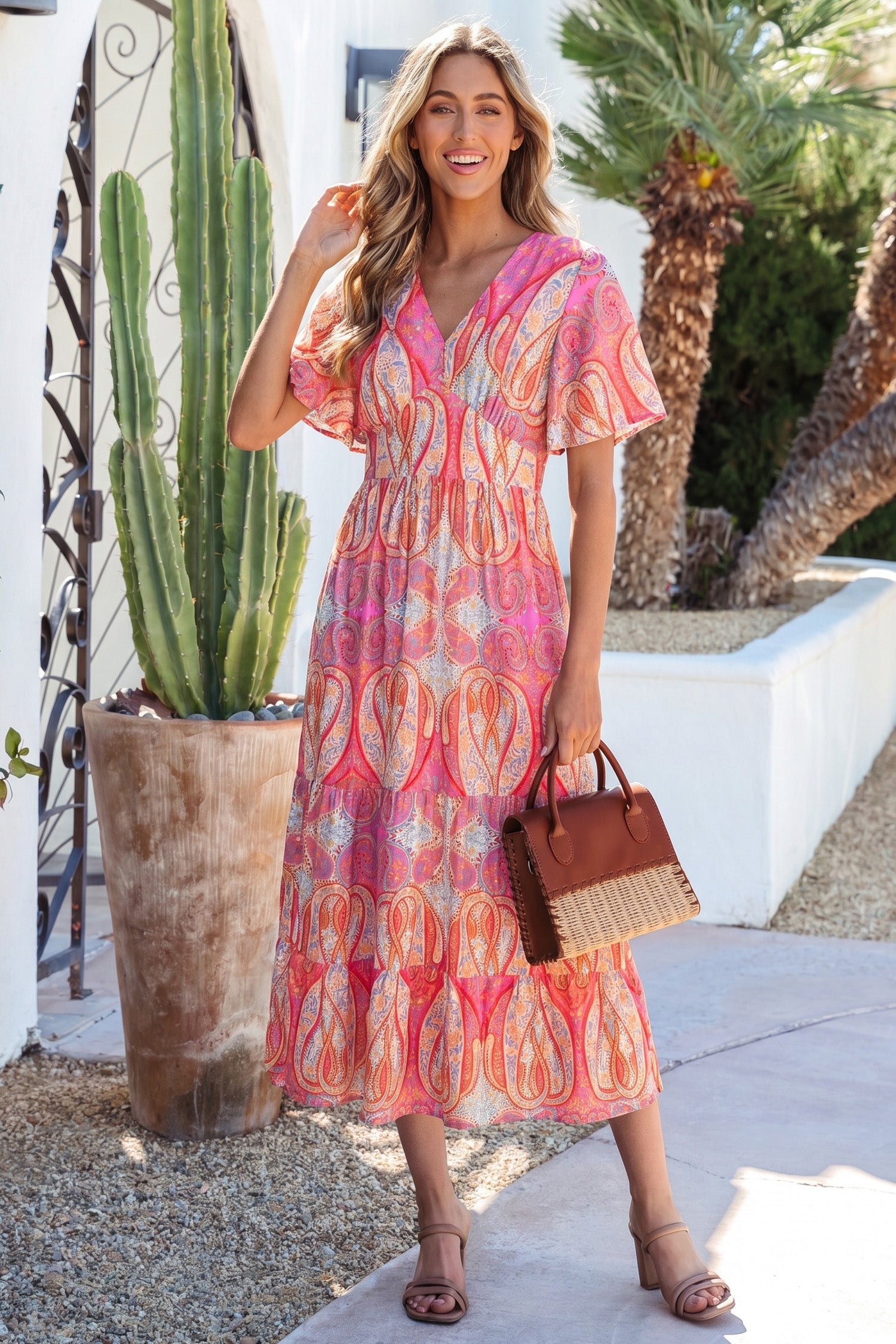 Multicolour Paisley Print V-Neck Flutter Sleeve Boho Maxi Dress