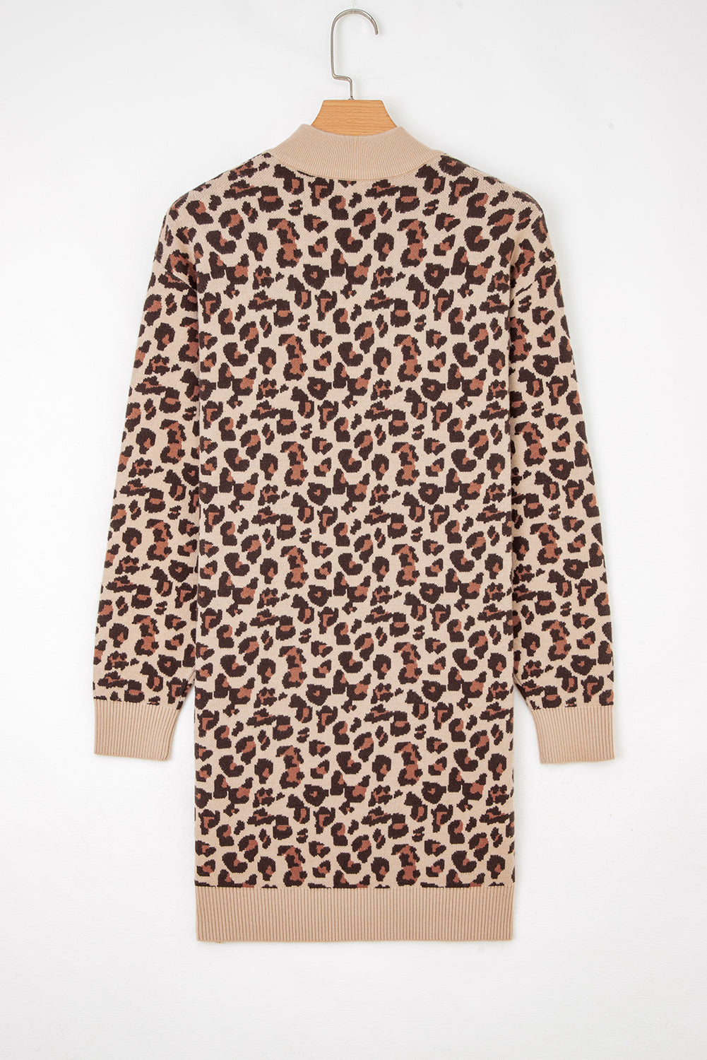Women's Khaki Leopard Print High Neck Shift Mini Sweater Dress at LivelyLooks