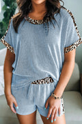 Ribbed Twist Short Set with Leopard Trim | Sky Blue, Light Grey & Sachet Pink