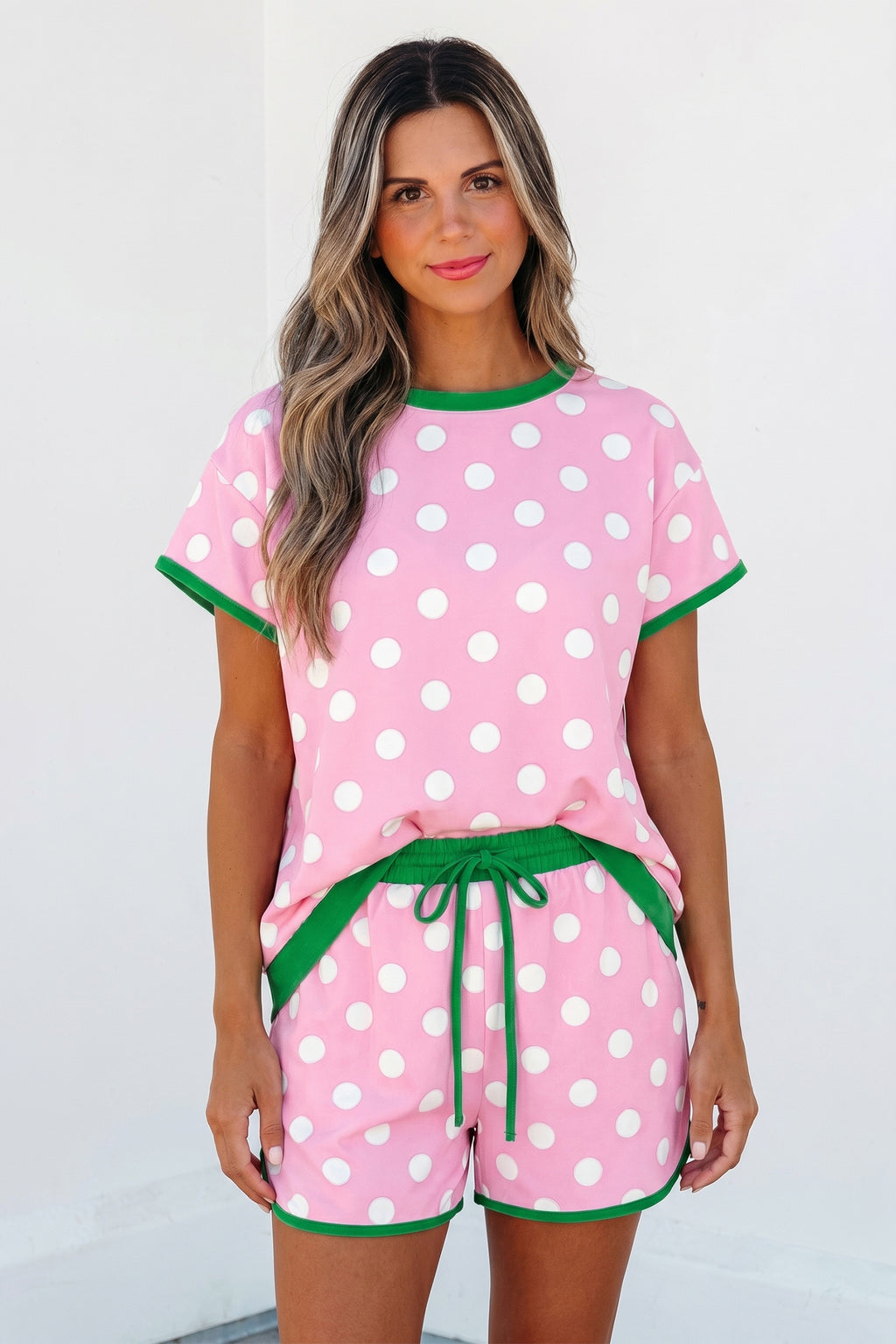 Polka Dot Contrast Edge Casual Short Set Pink Sky Blue Women S-XL
