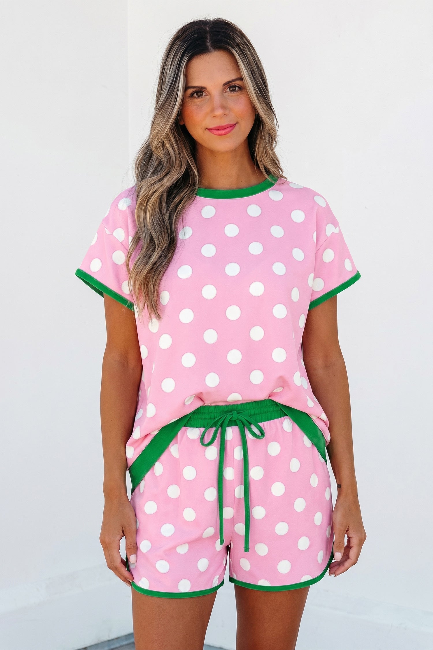 Polka Dot Contrast Edge Casual Short Set Pink Sky Blue Women S-XL