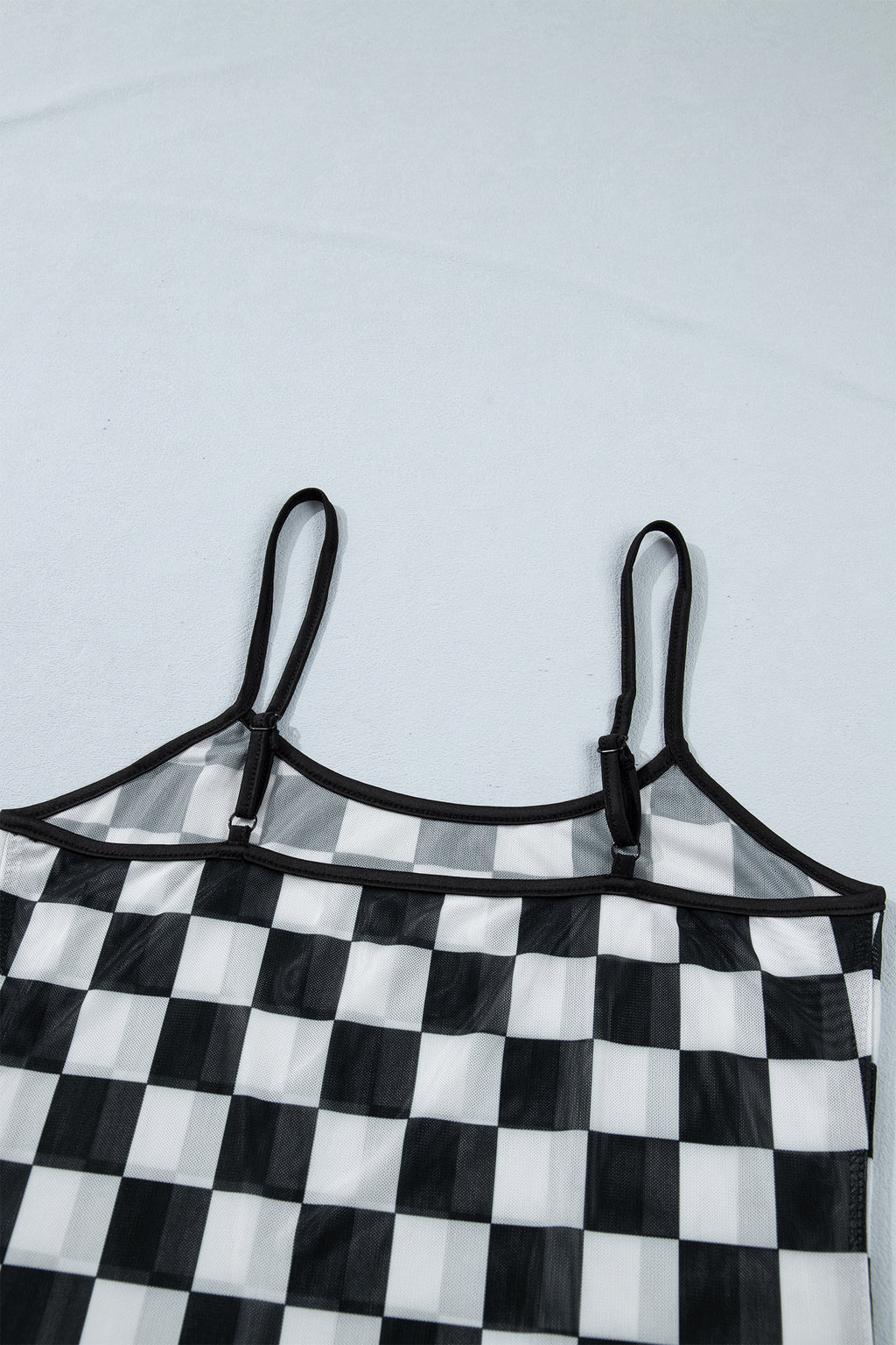 Black Sheer Checkered Print Spaghetti Strap Slim Tank Top
