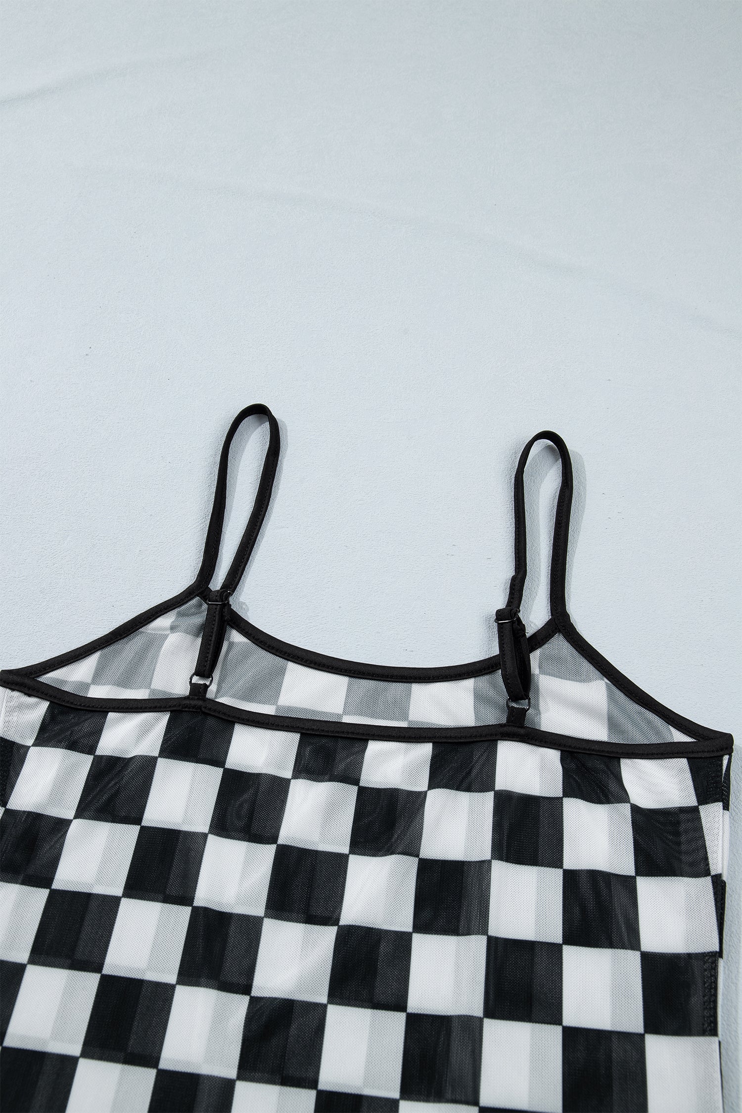 Black Sheer Checkered Print Spaghetti Strap Slim Tank Top