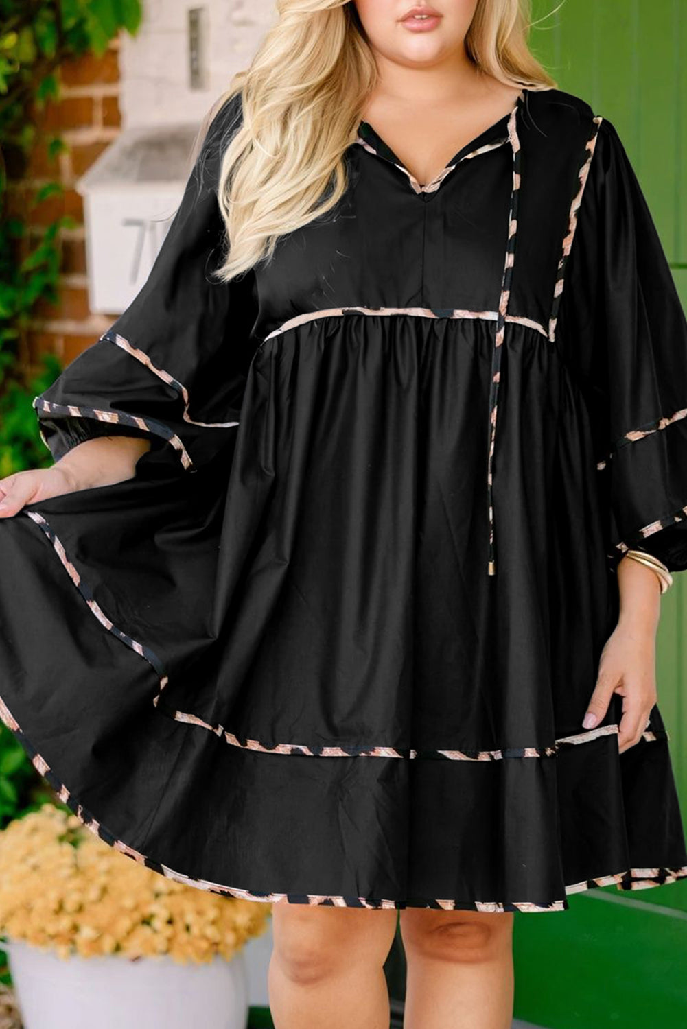 Black Plus Size Leopard Tie Neck Long Sleeve Flared Mini Dress UK 18–32
