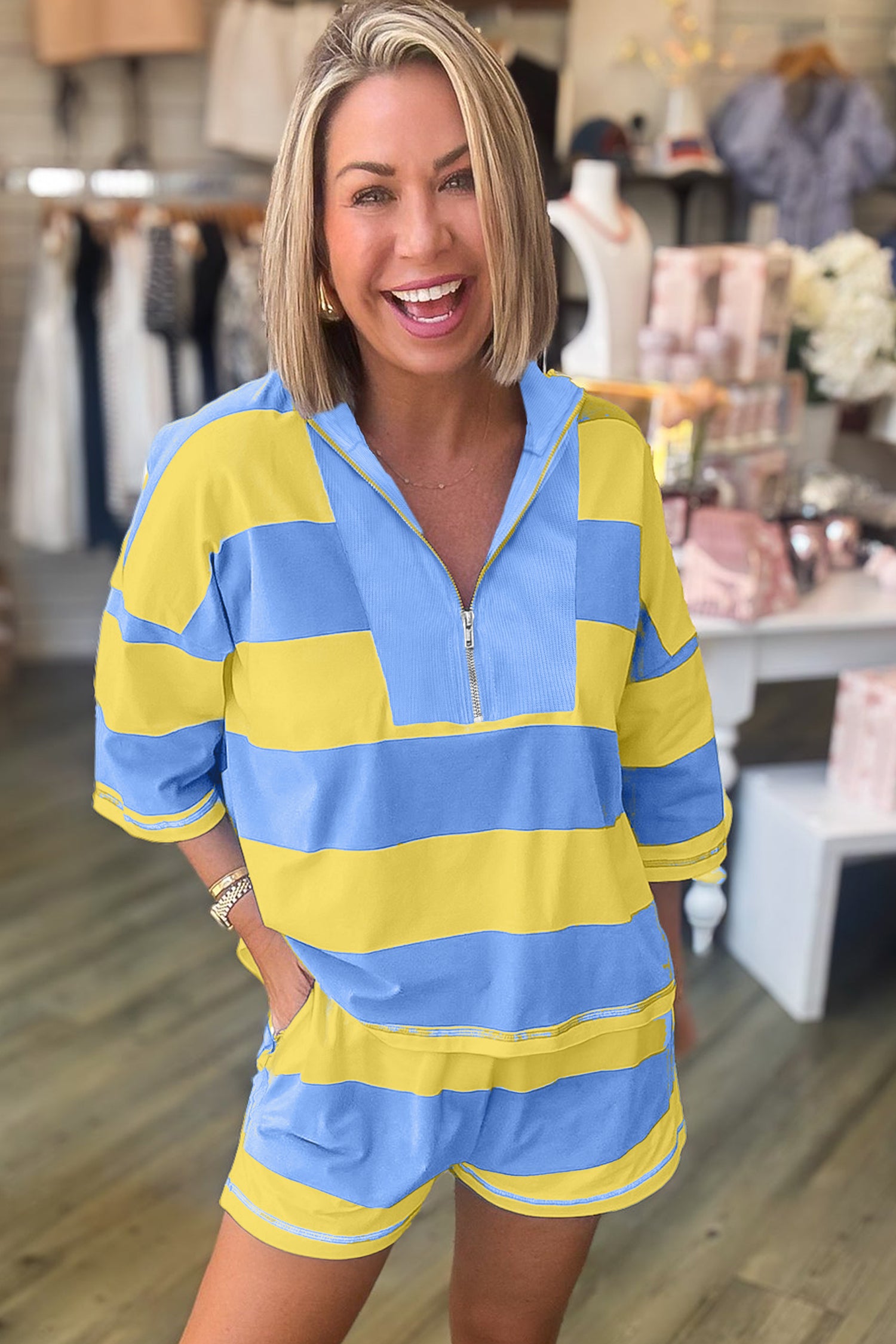 Seam Detail Half-Zip Tee & Casual Shorts Co-ord | Pink, Sky Blue & Yellow Stripe