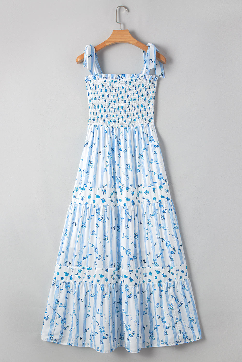 Women's Blue Floral Smocked Tied Straps A-Line Tiered Maxi Dress S-XL at LivelyLooks