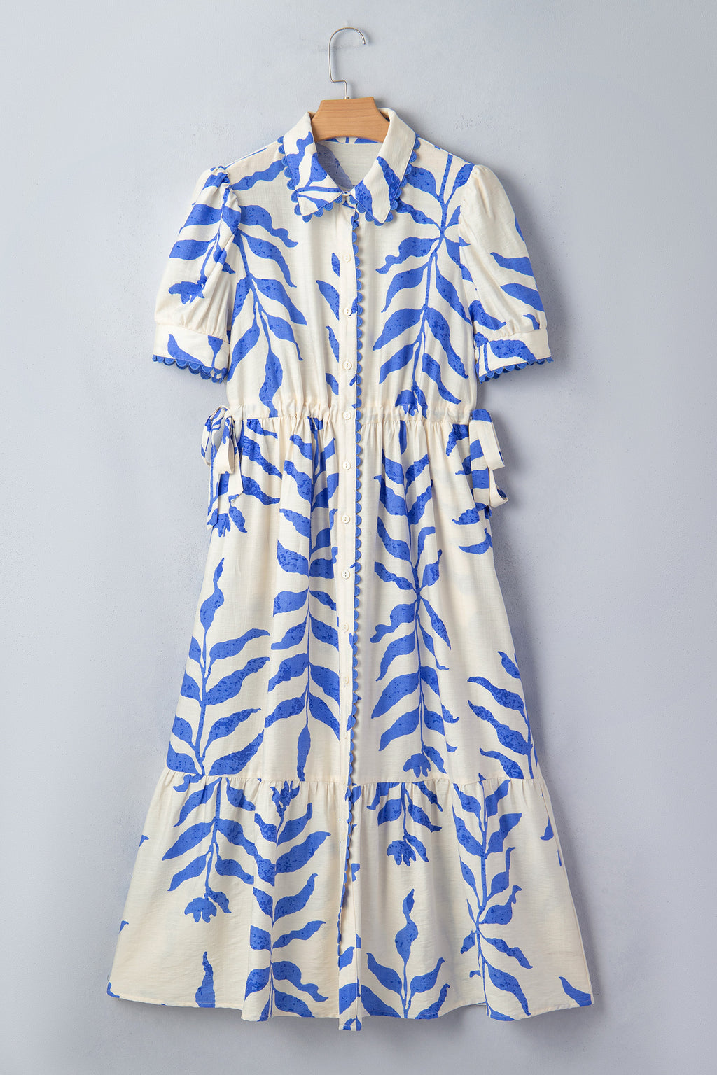 Sky Blue Leafy Botanical Print Side Tie Button Down Maxi Dress S-XL