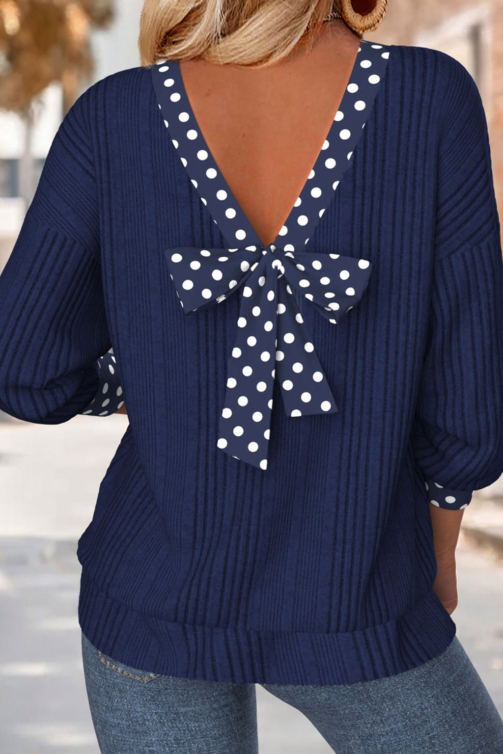Women's Dusty Blue Polka Dot Trim Bow Tie V Neck Ribbed Top at LivelyLooks