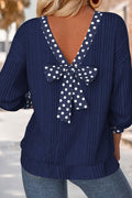 Women's Dusty Blue Polka Dot Trim Bow Tie V Neck Ribbed Top at LivelyLooks