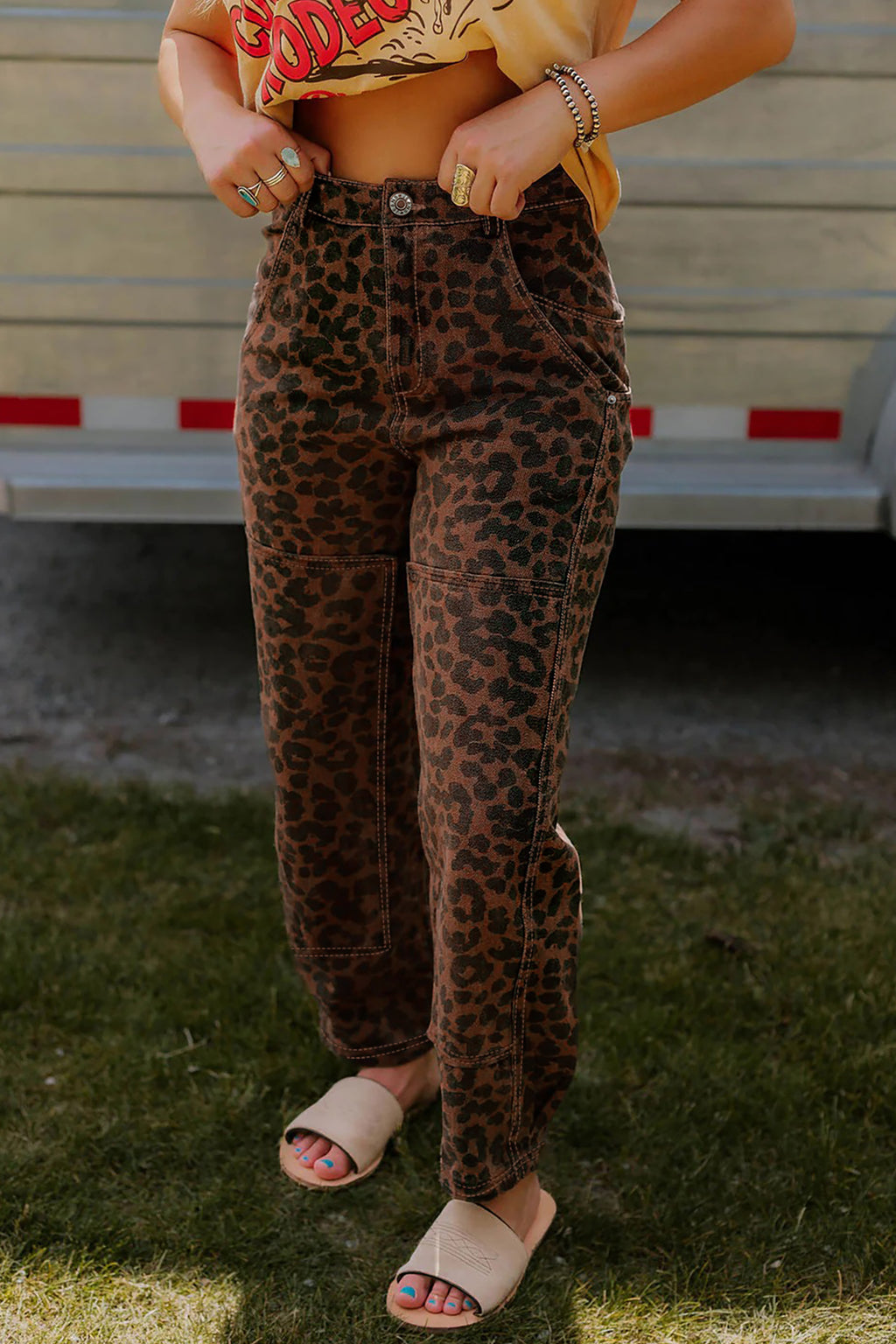 Shop Brown Leopard Print Seam Detail Patchwork Barrel Jeans UK 8-20 at LivelyLooks