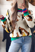 Women's Apricot Contrast Ribbed Stripes Detail Animal Pattern Knit Sweater at LivelyLooks