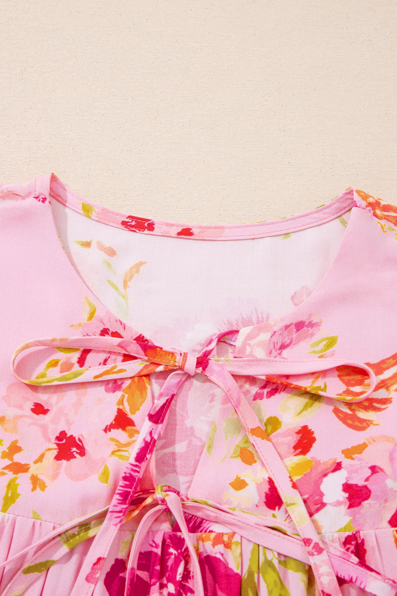 Shop Pink Floral Print Tie Neck Puffy Half Sleeve Blouse at LivelyLooks