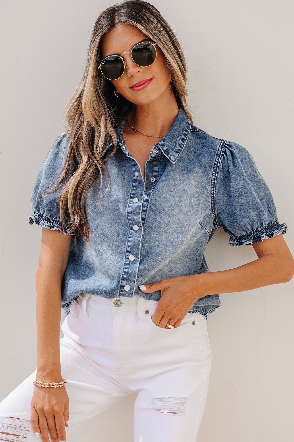 LivelyLooks Beau Blue Frilled Short Sleeve Snap Button Denim Shirt women's fashion