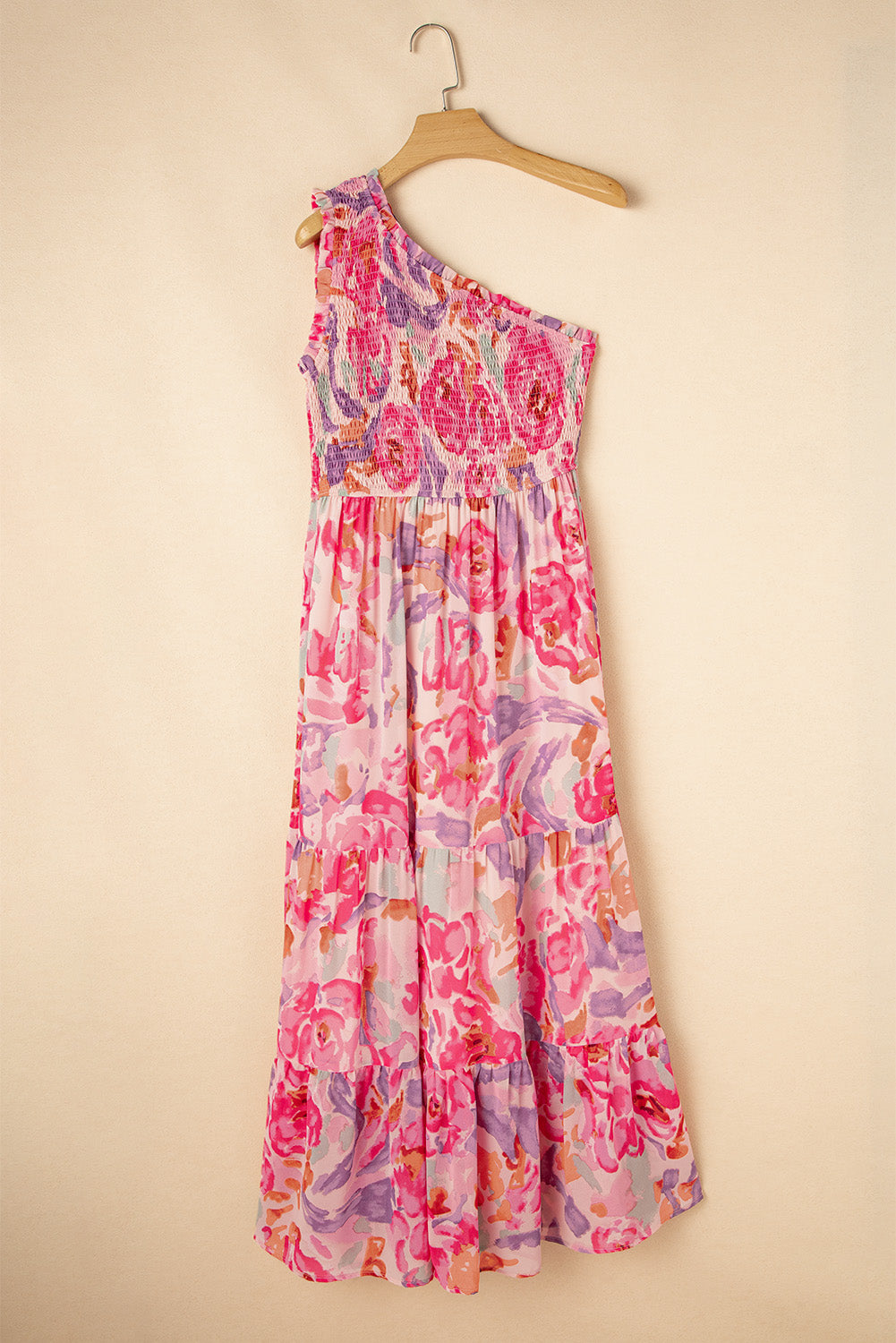 LivelyLooks Pink Abstract Floral Shirred One-Shoulder Maxi Dress women's fashion