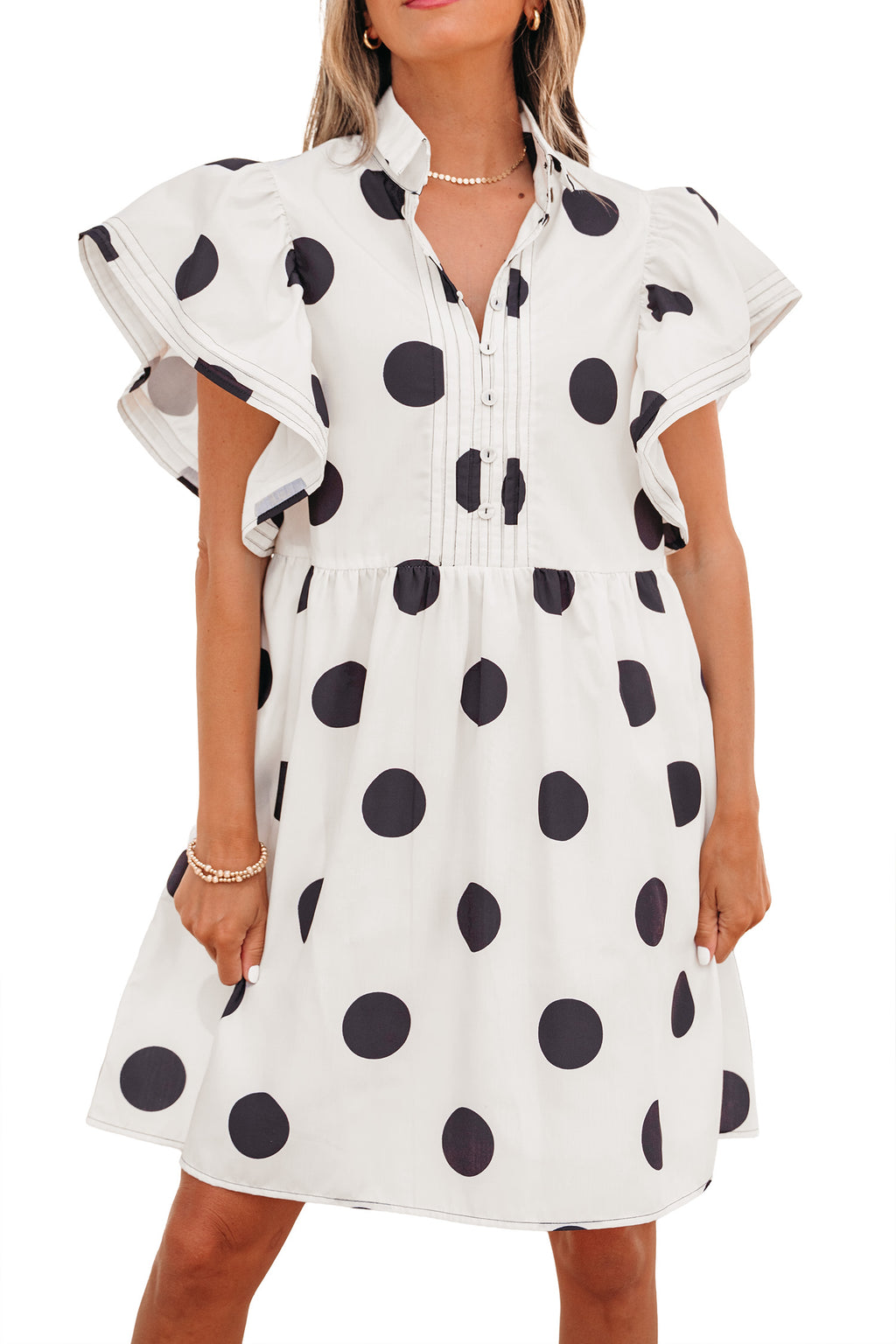 White Polka Dot Half Button Ruffled Short Sleeve Loose Mini Dress S-XL