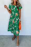LivelyLooks Green Floral Bubble Sleeve Smocked Tiered Midi Dress women's fashion