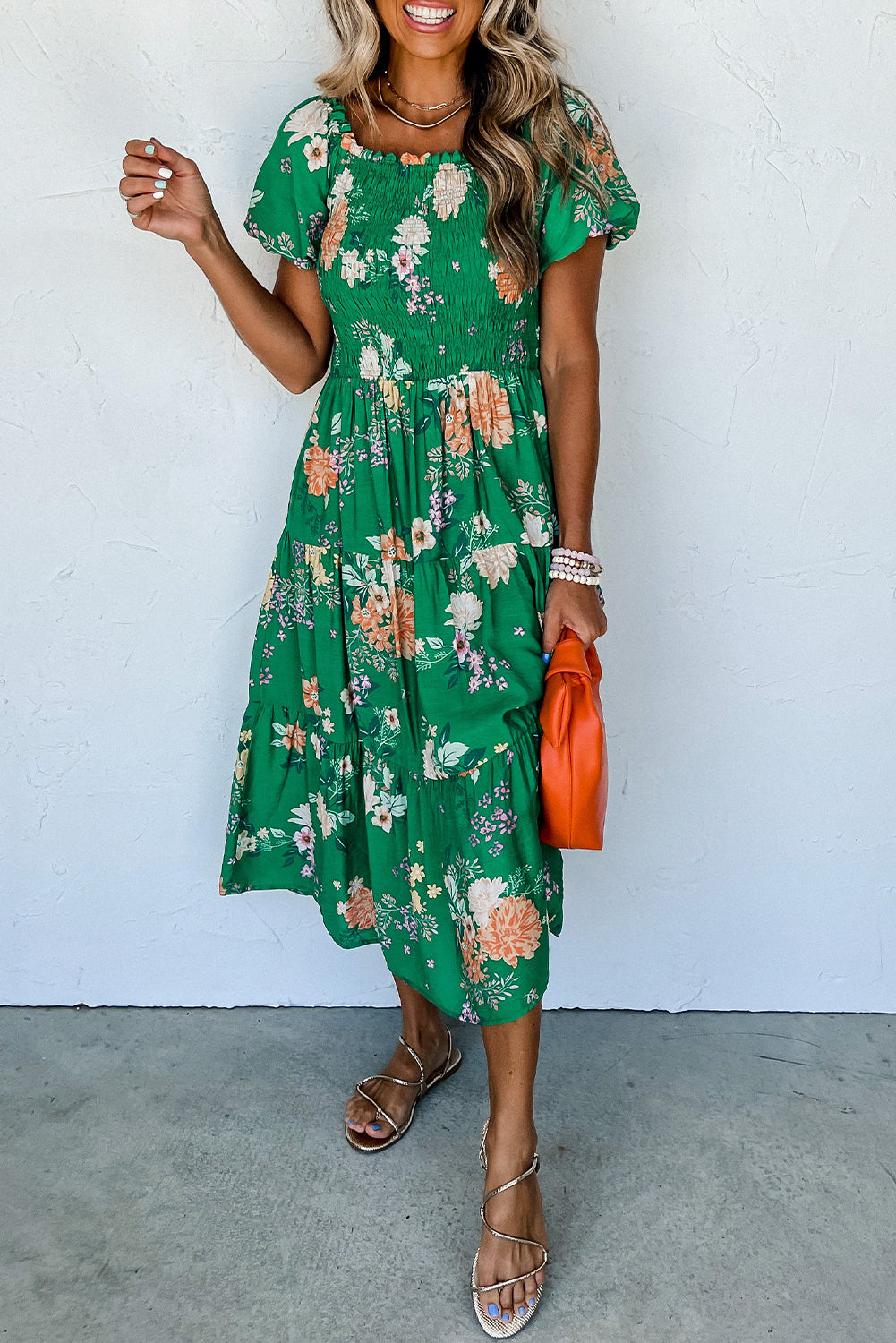 LivelyLooks Green Floral Bubble Sleeve Smocked Tiered Midi Dress women's fashion