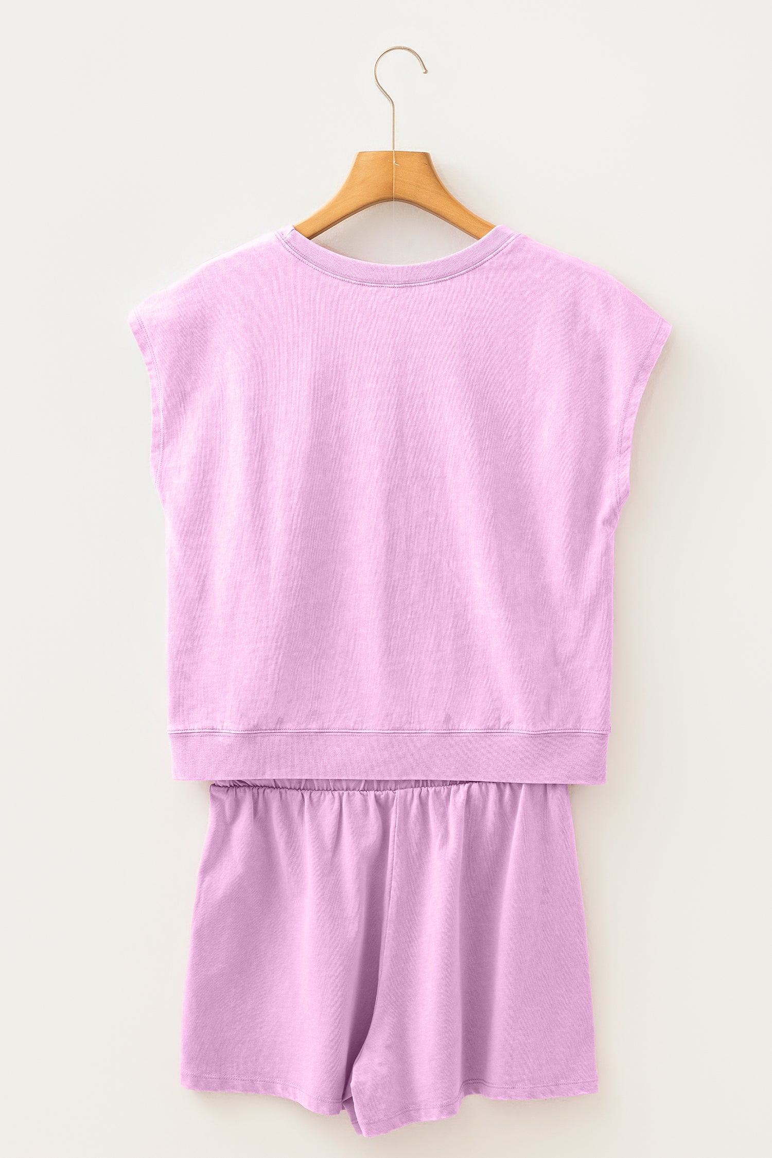 Women's Mineral Wash Cotton Crew Neck Tee & Shorts Set Pink S-XL