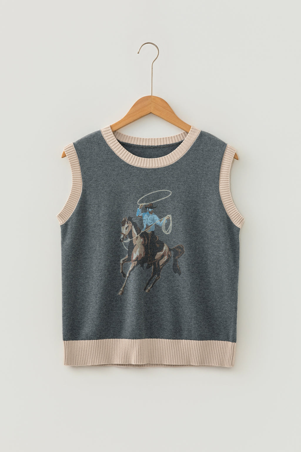 Western Print Colourblock Sleeveless Knit Vest | Khaki & Grey | UK 8–18