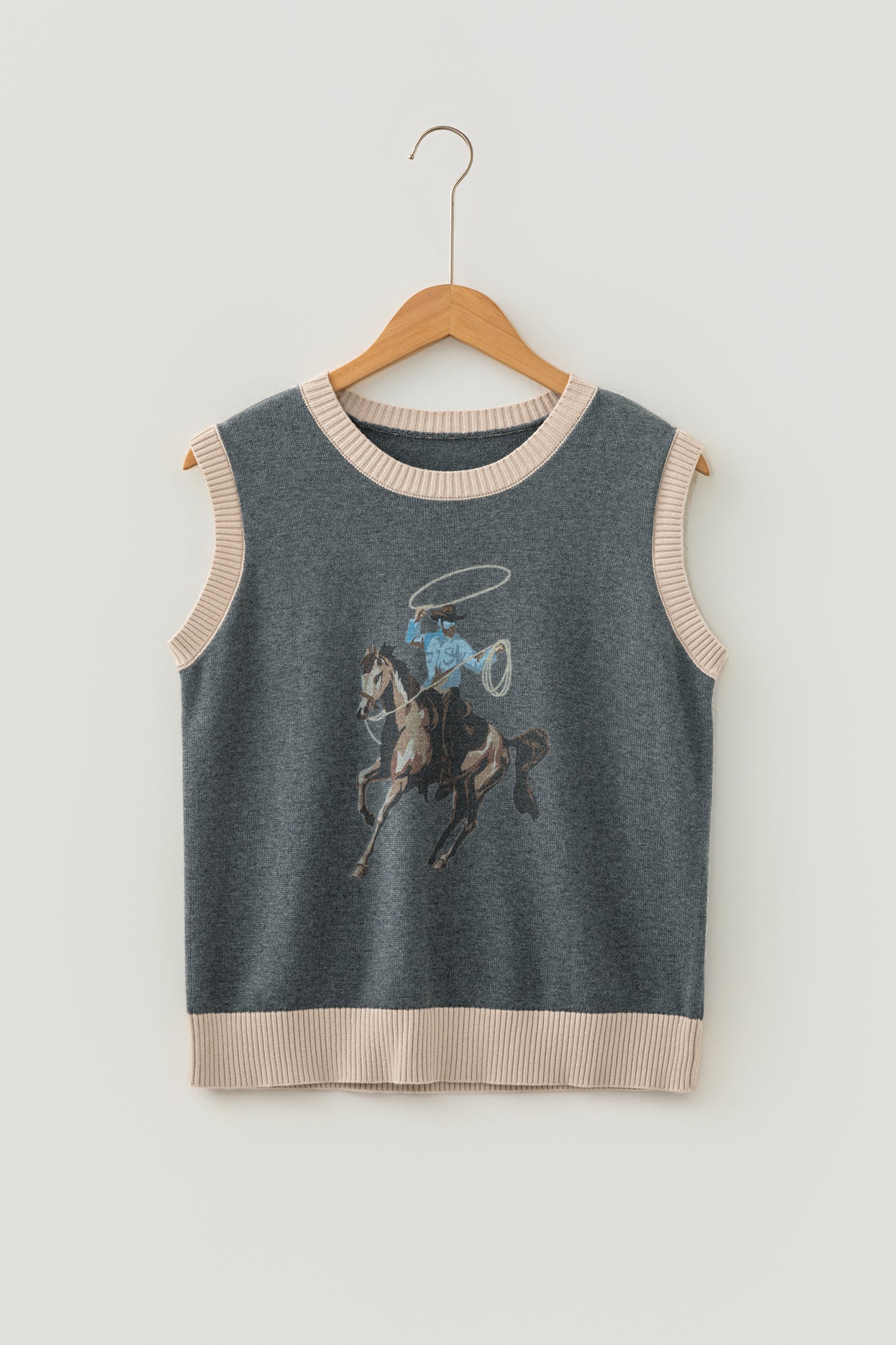 Western Print Colourblock Sleeveless Knit Vest | Khaki & Grey | UK 8–18