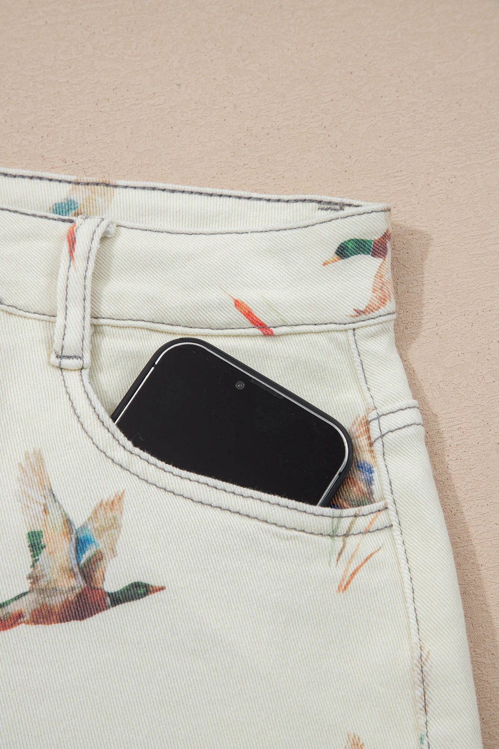 Beige Mallard Print High Waist Frayed Hem Denim Shorts UK 4-16
