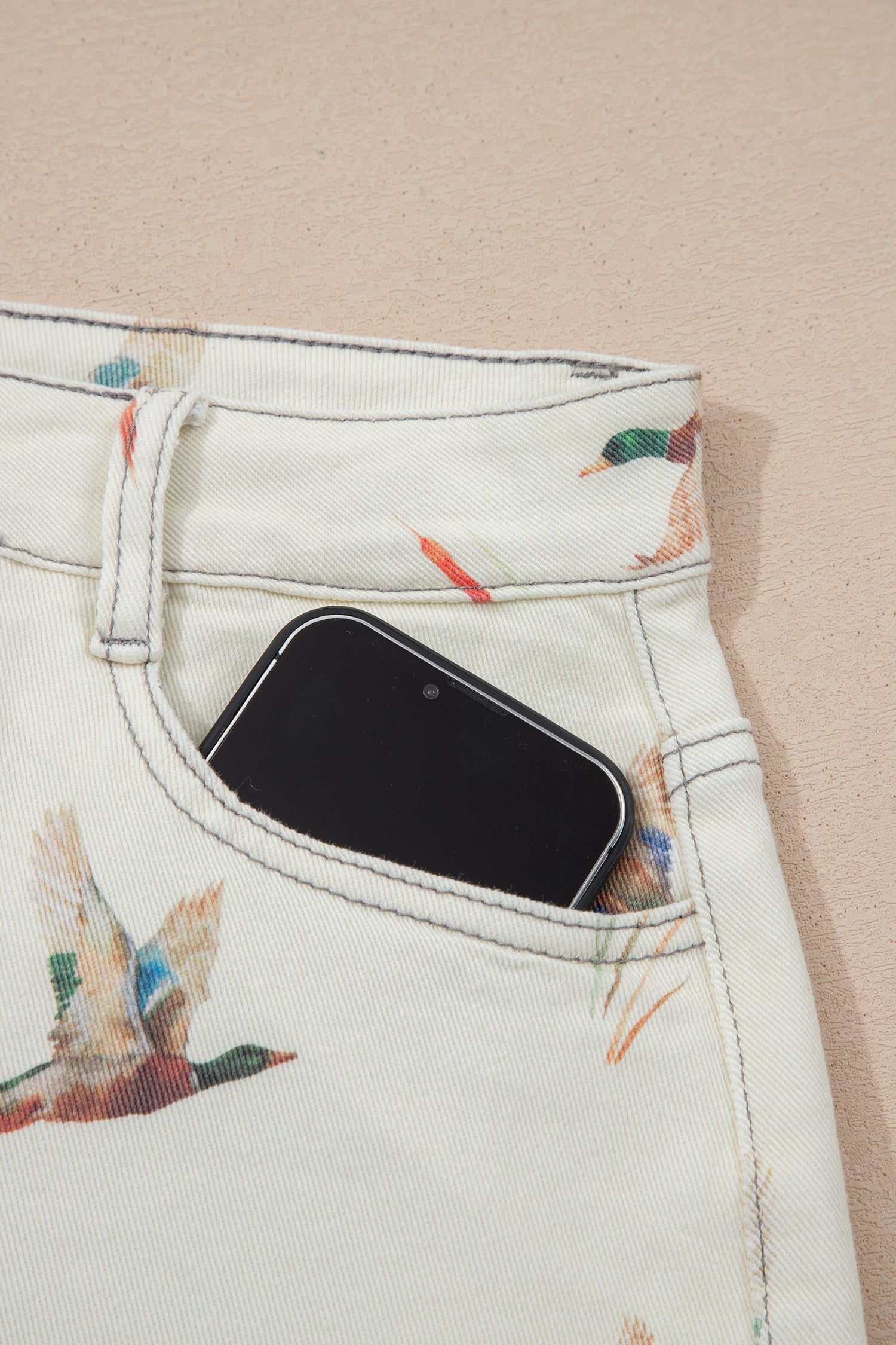 Beige Mallard Print High Waist Frayed Hem Denim Shorts UK 4-16