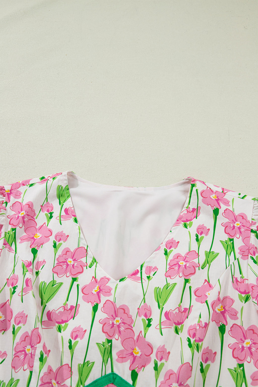 LivelyLooks Pink Floral Contrast Trim V-Neck Short Sleeve Elegant Midi Dress women's fashion