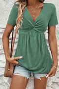 Women's Green Twist Knot V Neck Short Sleeve Blouse at LivelyLooks