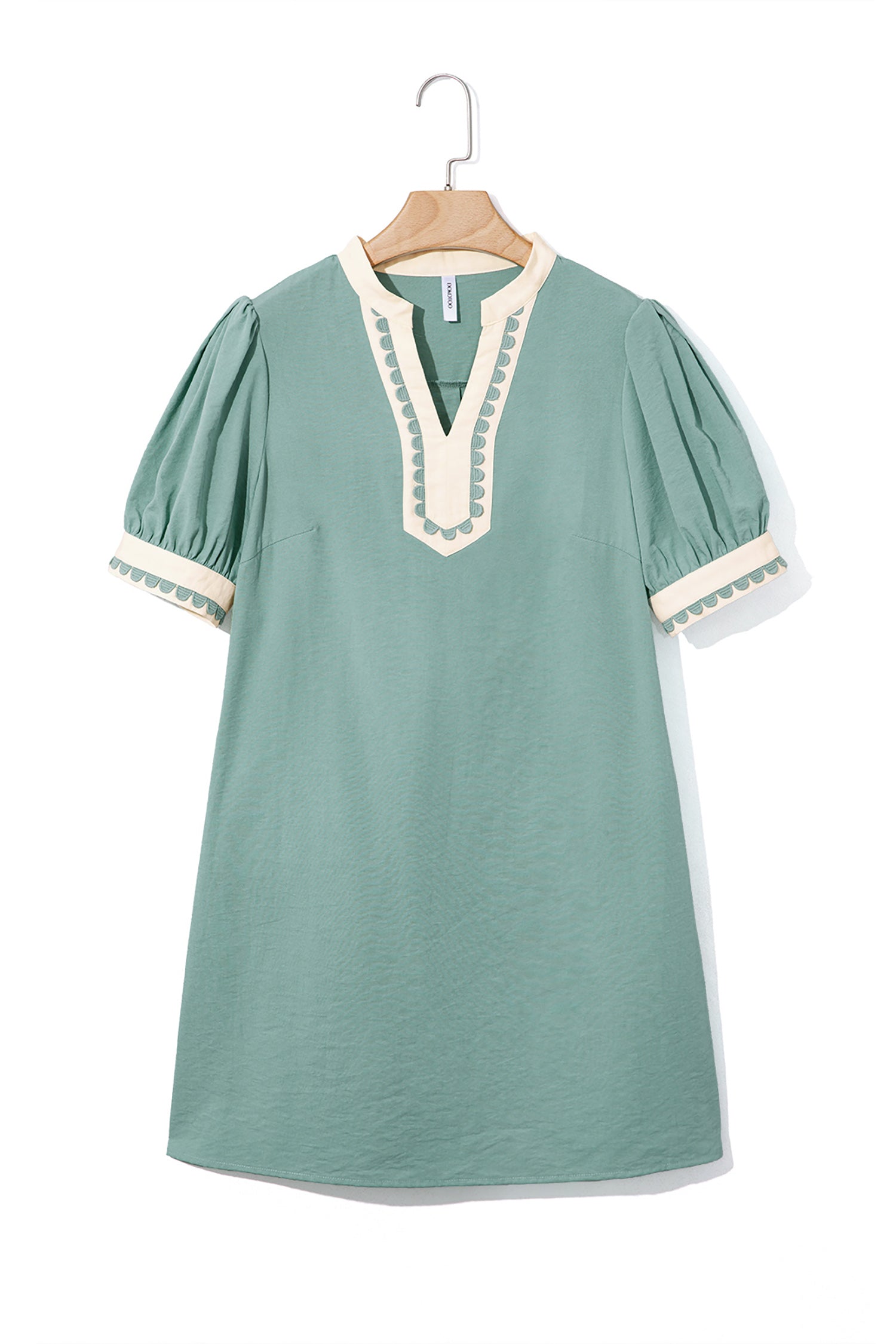LivelyLooks Scallop Colour Block Trim Puff Sleeve Mini Dress Pink & Green women's fashion
