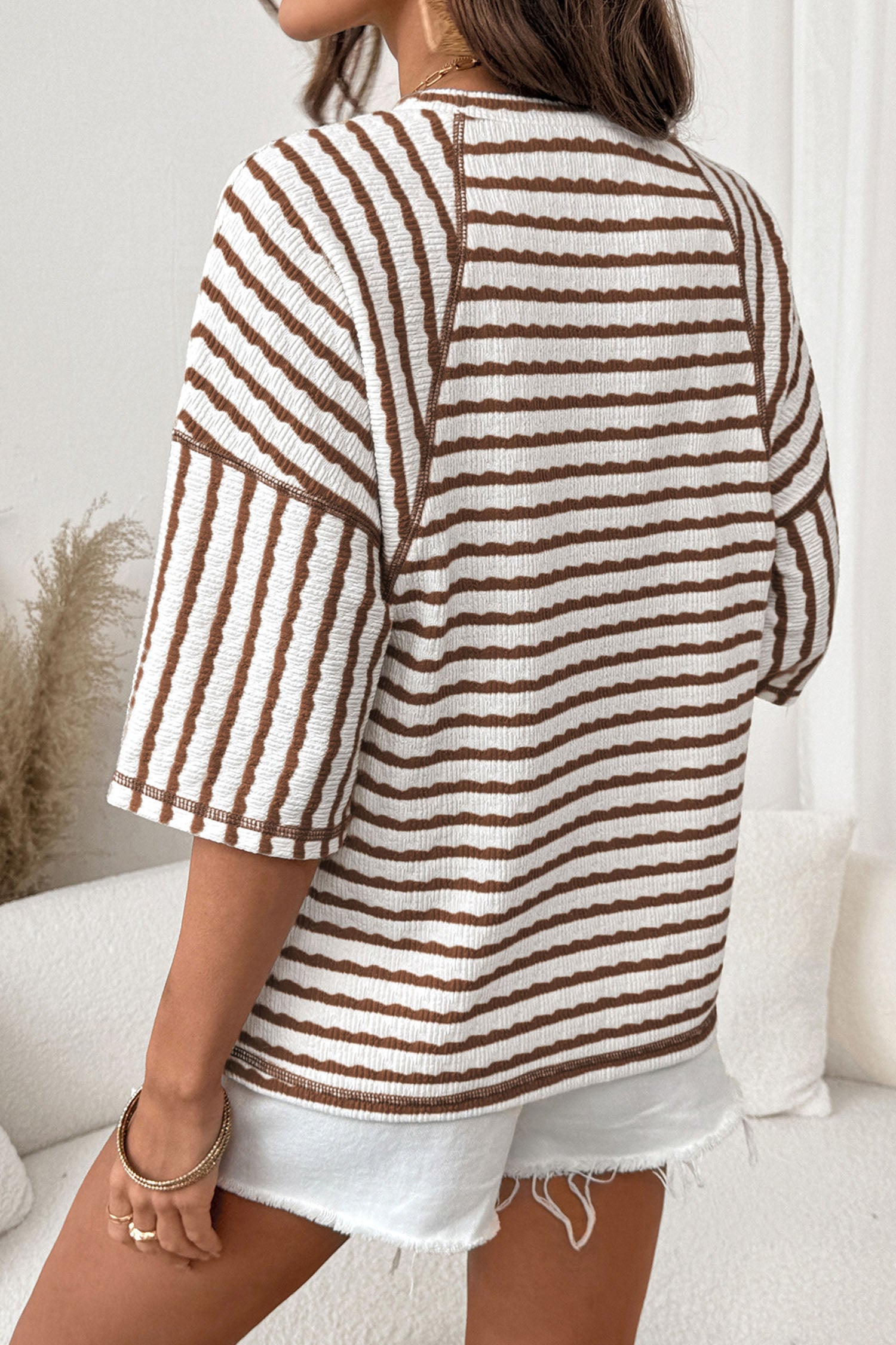 LivelyLooks Brown Stripe Textured Knit Split Hem Half Sleeve Loose Top women's fashion