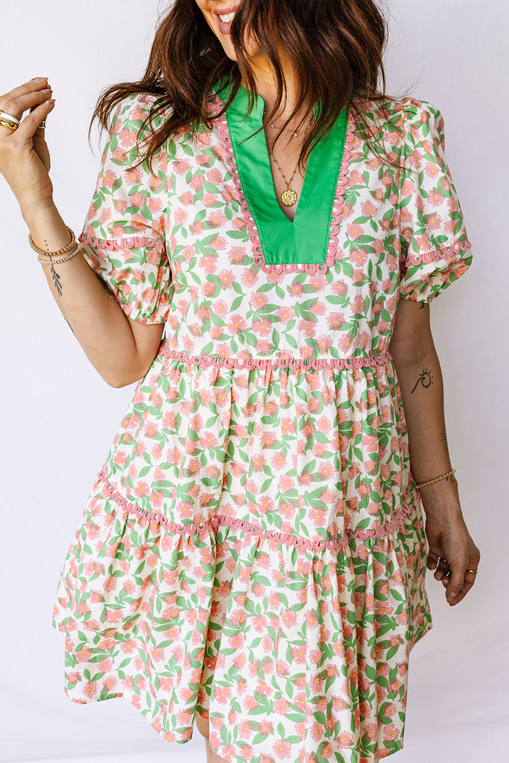 Women's Green Floral Ricrac Trim Babydoll Mini Dress Puff Sleeve V-Neck S-XL at LivelyLooks
