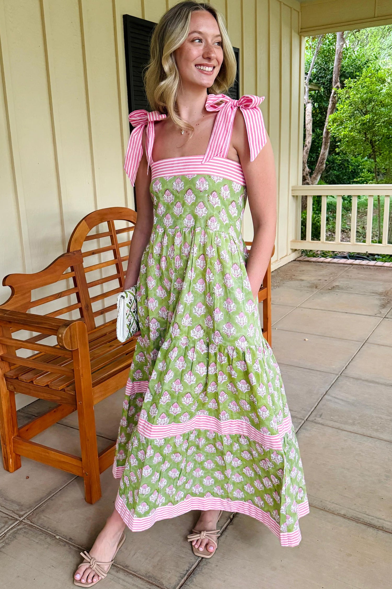 Women's Green Floral Print Striped Knot Strap Maxi Dress at LivelyLooks