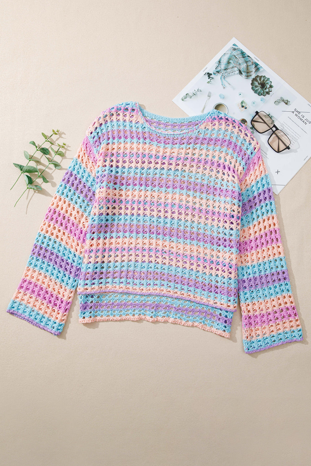 Women's Women's Stripe Open Knit Beach Cover Up Sweater | Orange & Purple | S-XL at LivelyLooks