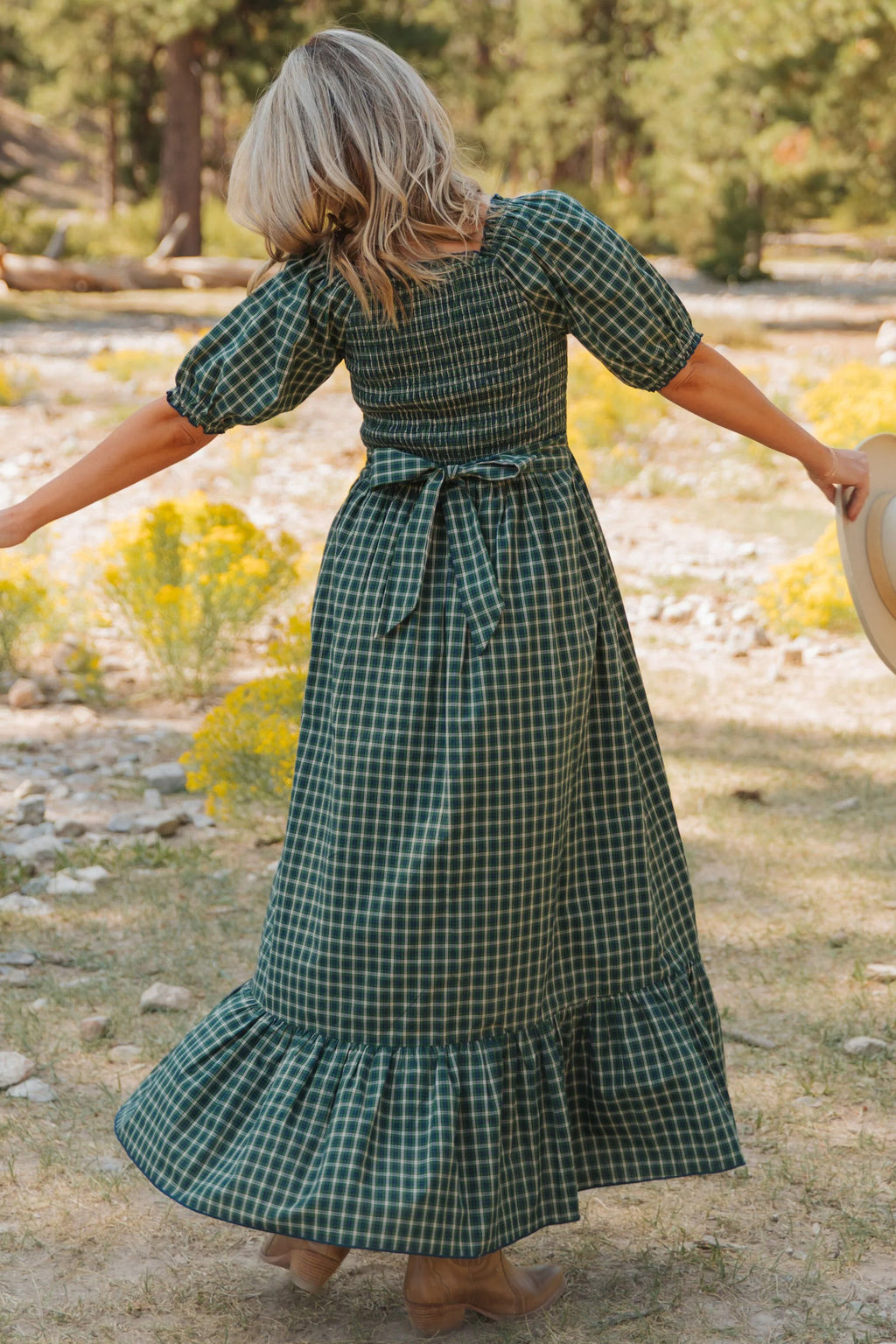 Green Plaid Square Neck Shirred Ruffle Hem Mini Dress S-XL