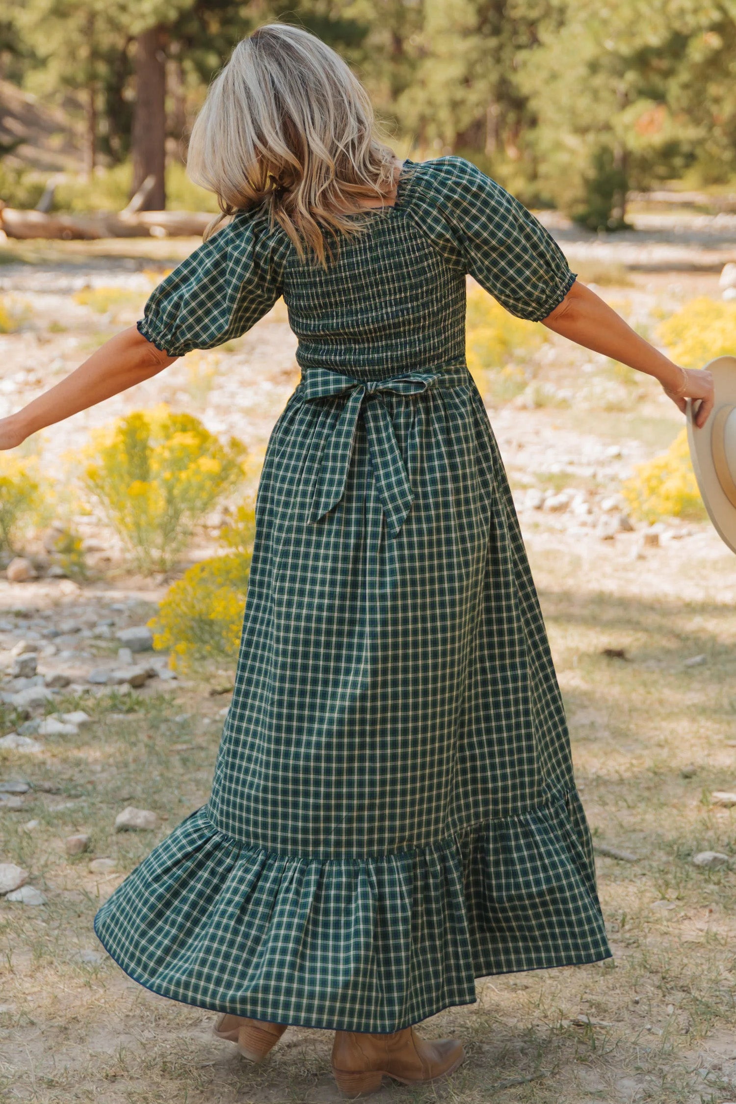 Green Plaid Square Neck Shirred Ruffle Hem Mini Dress S-XL