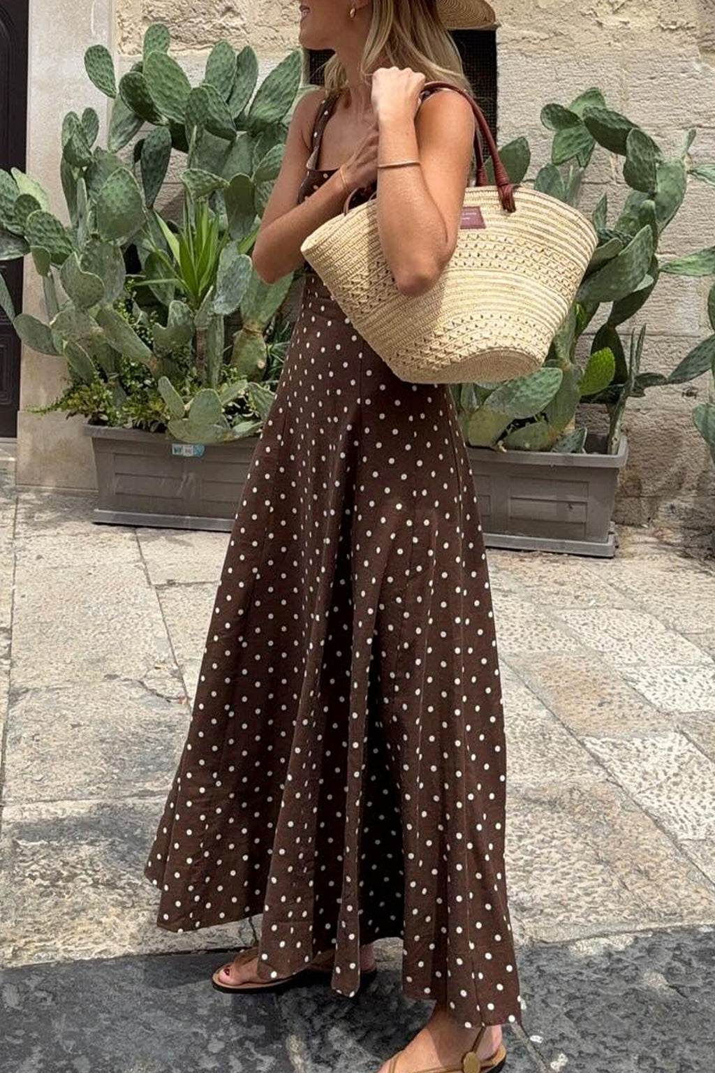Brown Polka Dot Maxi Dress Square Neck Sleeveless Vacation Women S-XL