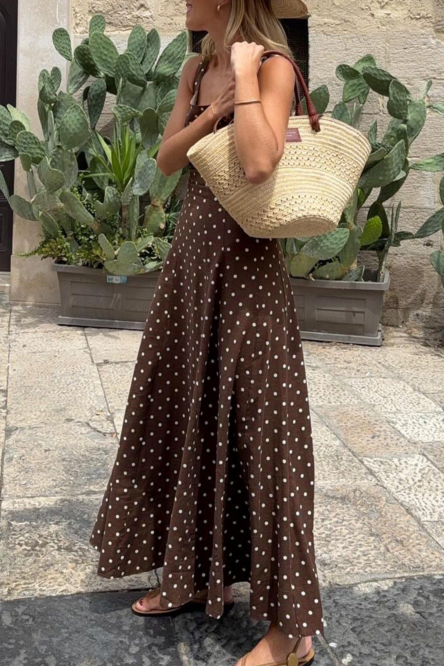 Brown Polka Dot Maxi Dress Square Neck Sleeveless Vacation Women S-XL