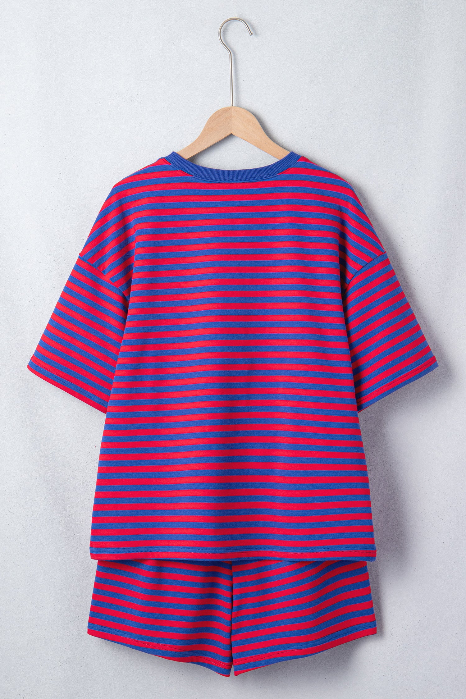 Striped Ribbed Cotton Short Set with Chest Patch Detail | Blue & Navy Stripe