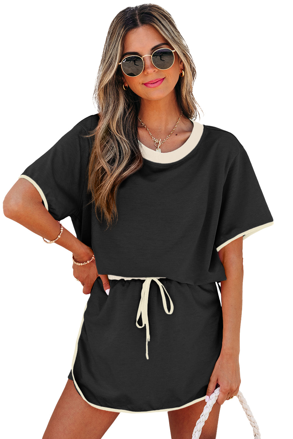 Colourblock Drop Shoulder T-Shirt & Skort 2-Piece Set Beige Black Green
