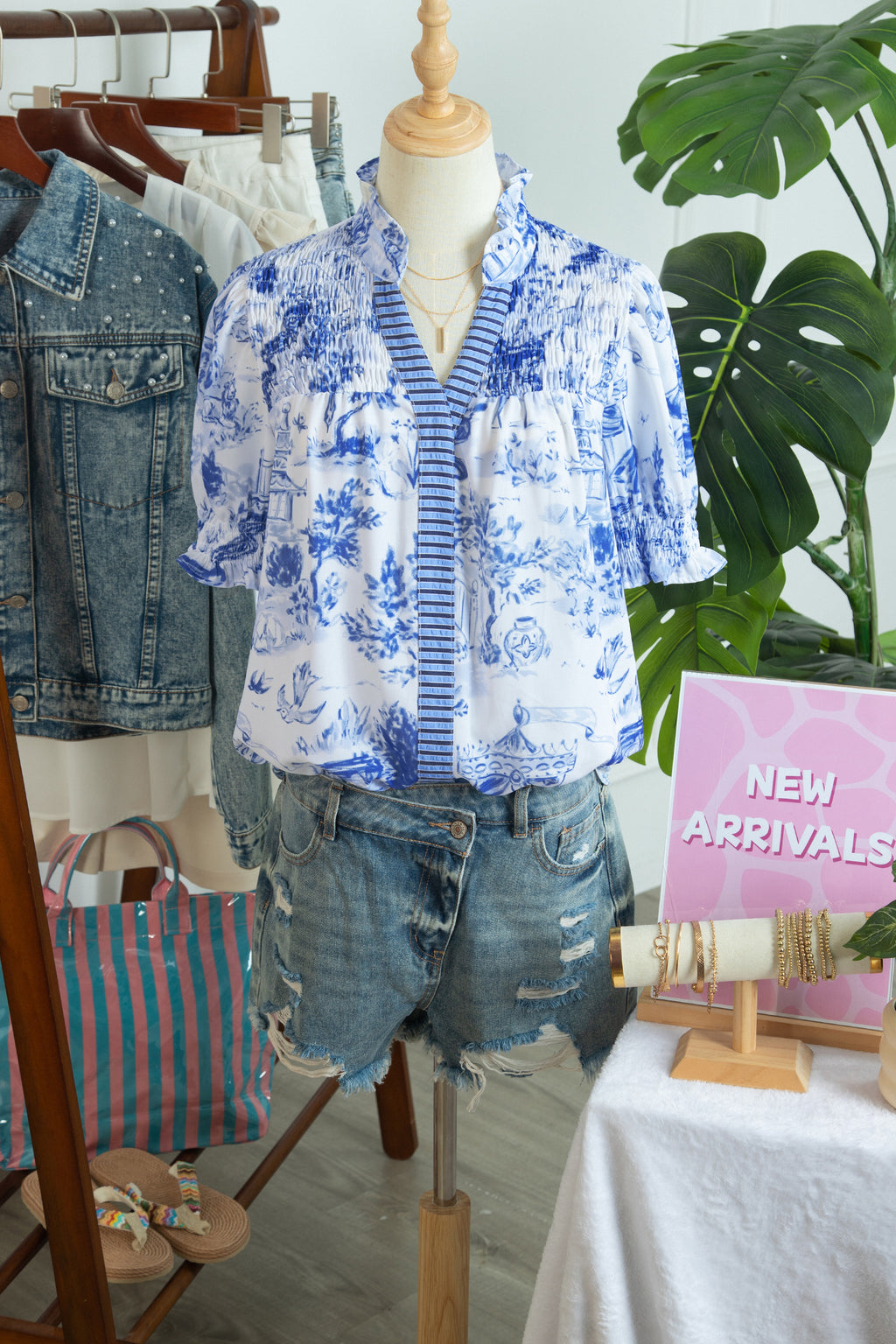 Blue Wild Animal Print Blouse Striped Detail V Neck Short Sleeve Women S-XL