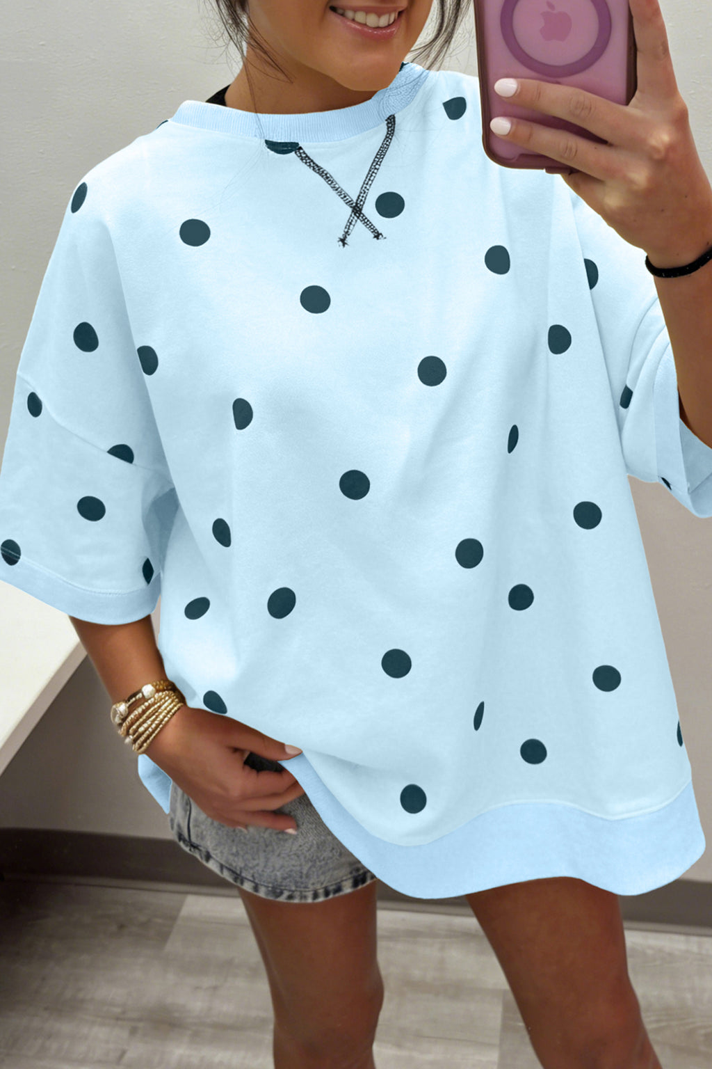 Women's Polka Dot Oversized Tee Crossed Seam Detail Yellow Sky Blue S-XL