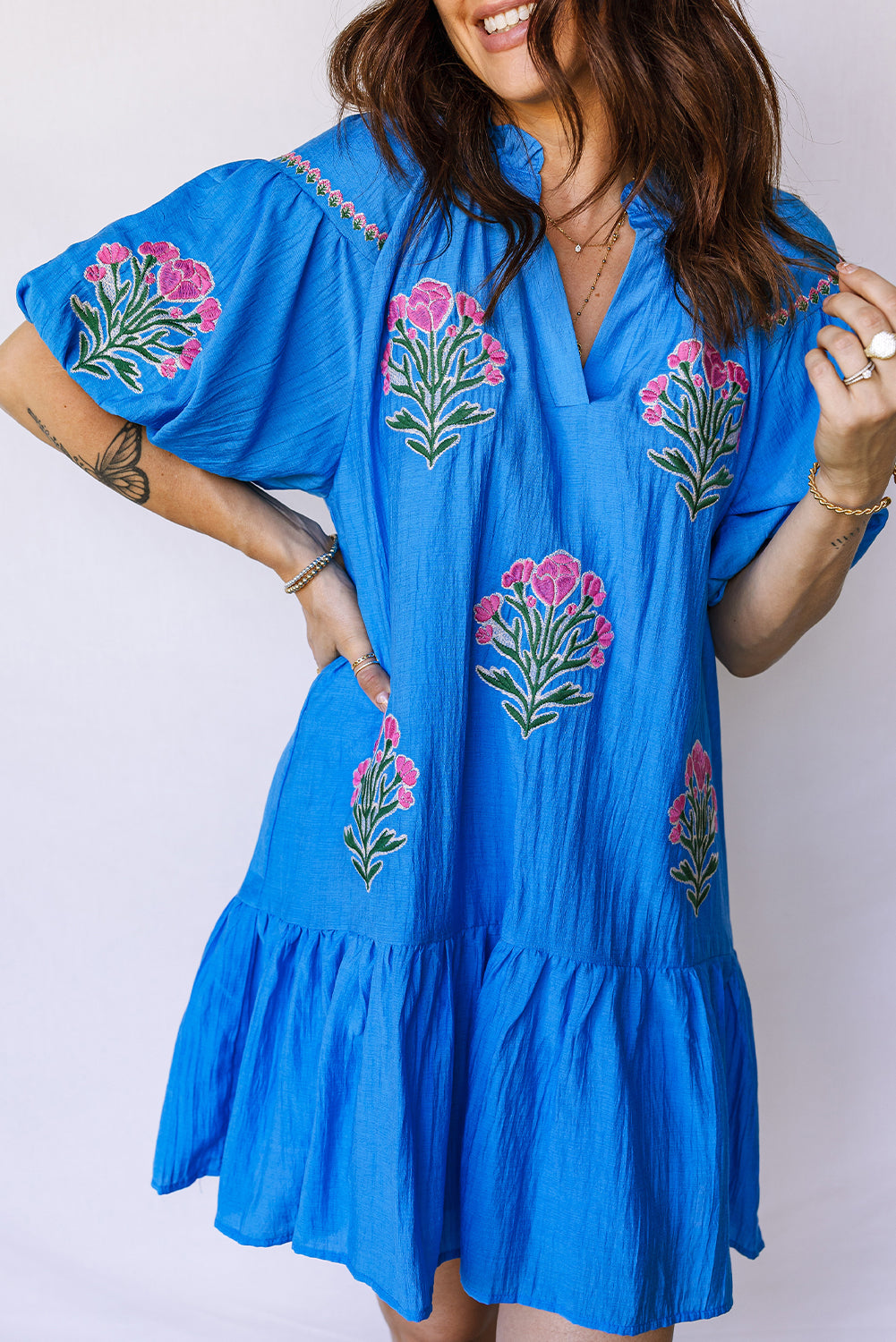 Blue Flower Embroidered Split Neck Puff Sleeve Ruffle Hem Mini Dress S-XL