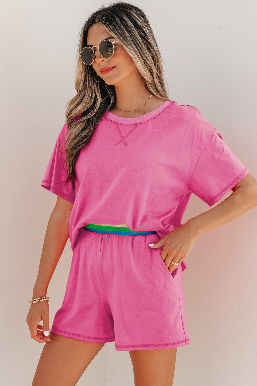 Bright Pink Seam Detail Raw Edge Tee & Rainbow Waistband Shorts Co-ord Set