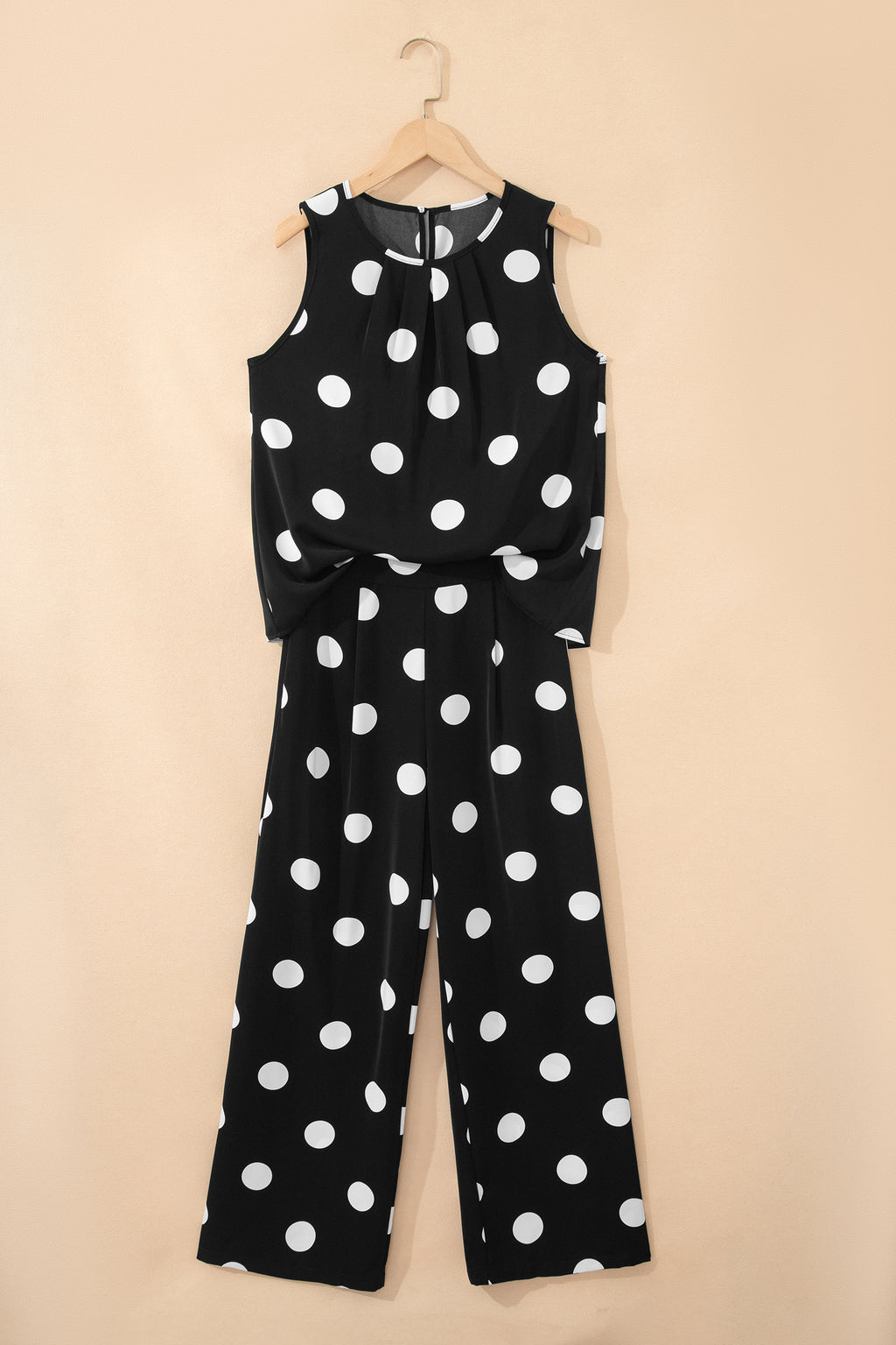 Black Polka Dot Pleated Tank & Wide Leg Trousers Two-Piece Outfit